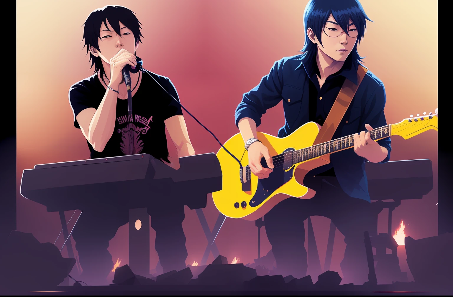 they are playing music together on stage with a microphone and a keyboard, edge to edge, Jiro Matsumoto、Yusuke Murata, scorpions, grd, kissed、, rock star, diva, greg rutkowski and makoto shinka, shinji higuchi and tomoki kyoda, eddie, t - REX, t-REX, by derek zabrocki,Illustrator