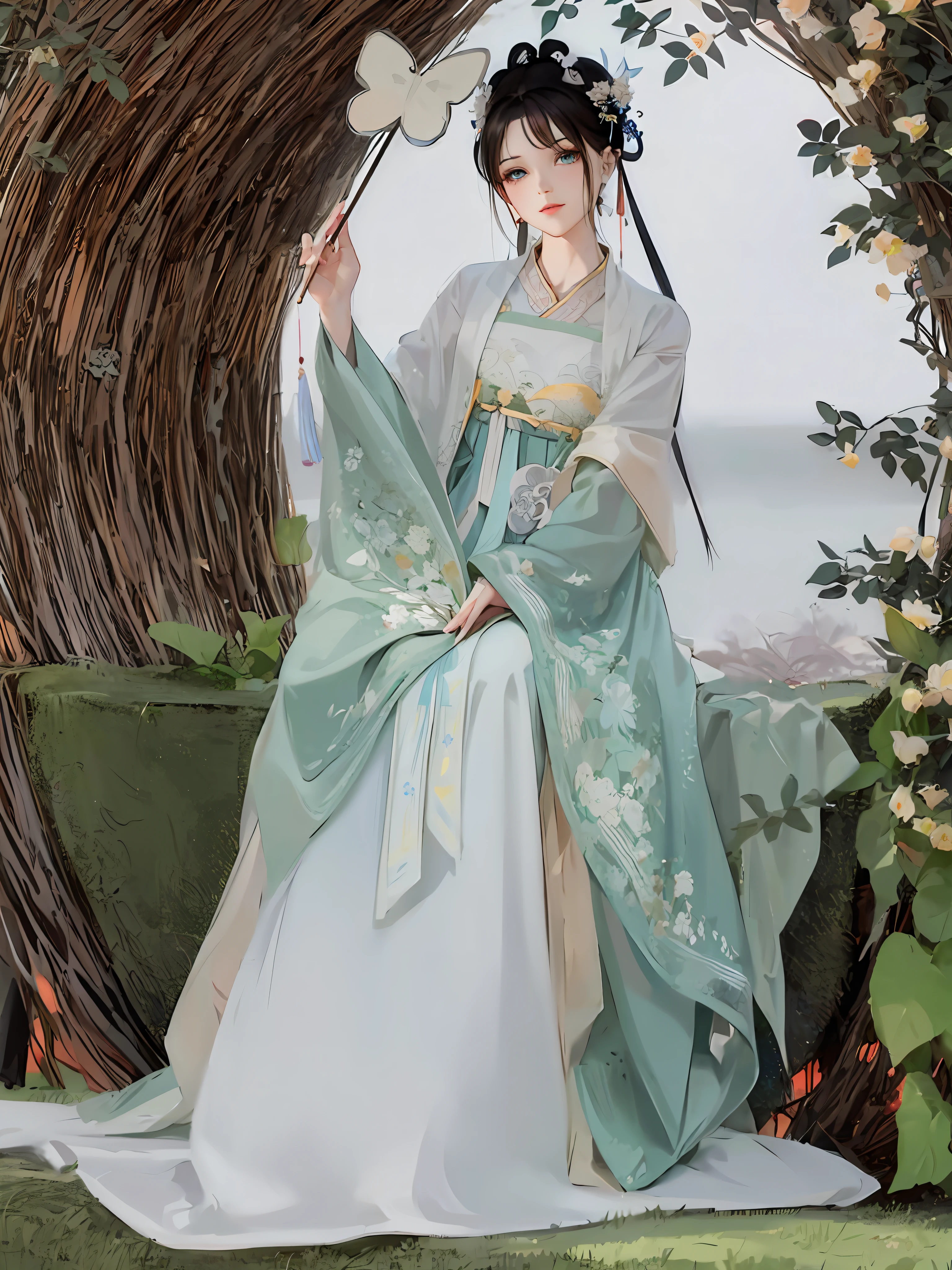 arafed woman in a blue and white dress holding a fan, ）Hanfu, wearing ancient chinese clothes, white Hanfu, traditional Chinese clothes, palace ， girl in Hanfu, ancient chinese princess, with acient chinese clothes, china clothes, a beautiful fantasy empress, chinese dress, traditional Chinese, ancient china art style, ancient asian dynasty princess, tang dynasty