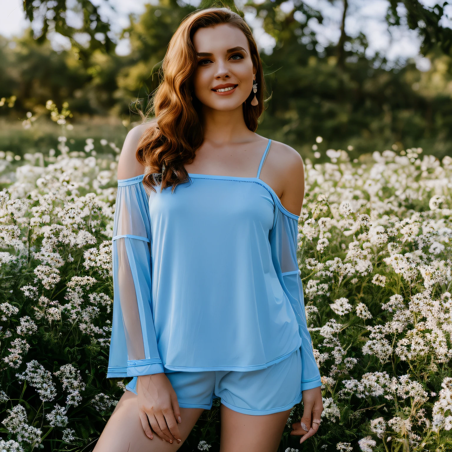 (The ultra-realisitc), (illustartion), (High res), (8K), (extremely detail), (best illustrations), (beautiful detailed eye), (best best quality), (ultra Detailed), (master masterpiece), ( ，desktop wallpaper), (Detailed face), solo，(dynamicpose)，1girl，The art of John Collier and Albert Obright and Krenz Kusart and Artem Demura，open shoulders，blooming flower fields，Glowing skin，Light smile，Cameltoe，halfbody，Light blue transparent pajamas --auto