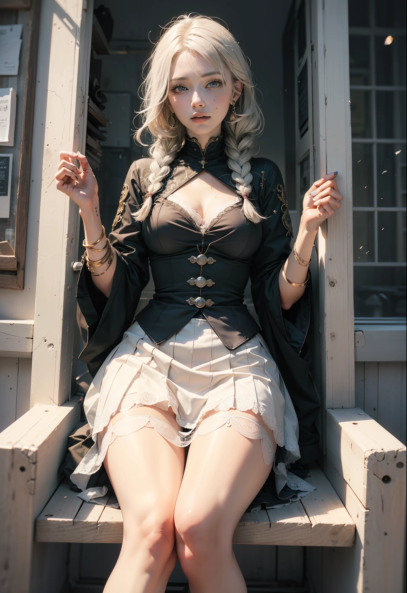 Have a skirt、(ultra Realistic), (An illustration), (Highres), (8K), (Very Detail), (the best illustration), (Beautiful Detailed Eyes), (The Highest Quality), (Super Detailed), (Master peace、), (Wallpapers), (Detailed Face), solo、、1人の女の子, Aristocratic dresses、White hair, Iris heterochromatic eyes, small moles under eye, medium chest, Long legs、Stunning composition、Foot braids、Beautiful and detailed legs
