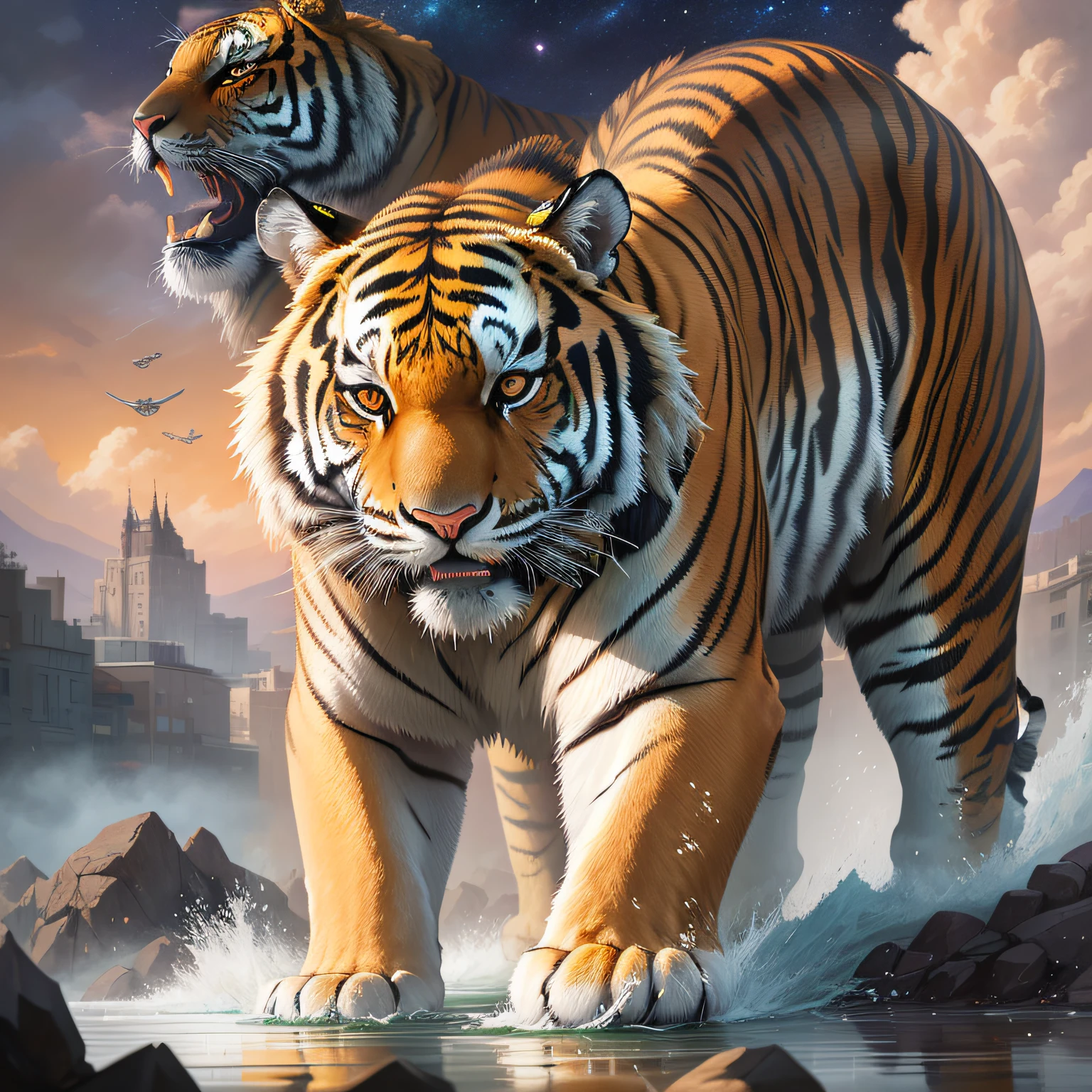 "A striking master painting of impeccable quality, depicting a tiger in the foreground in a landscape of hanging gardens. The Celestial City Behind-plan est remplie de voitures volantes, avec fermer-up details of the building floating in the air. Ajoutez-y votre propre touche artistique ." --auto