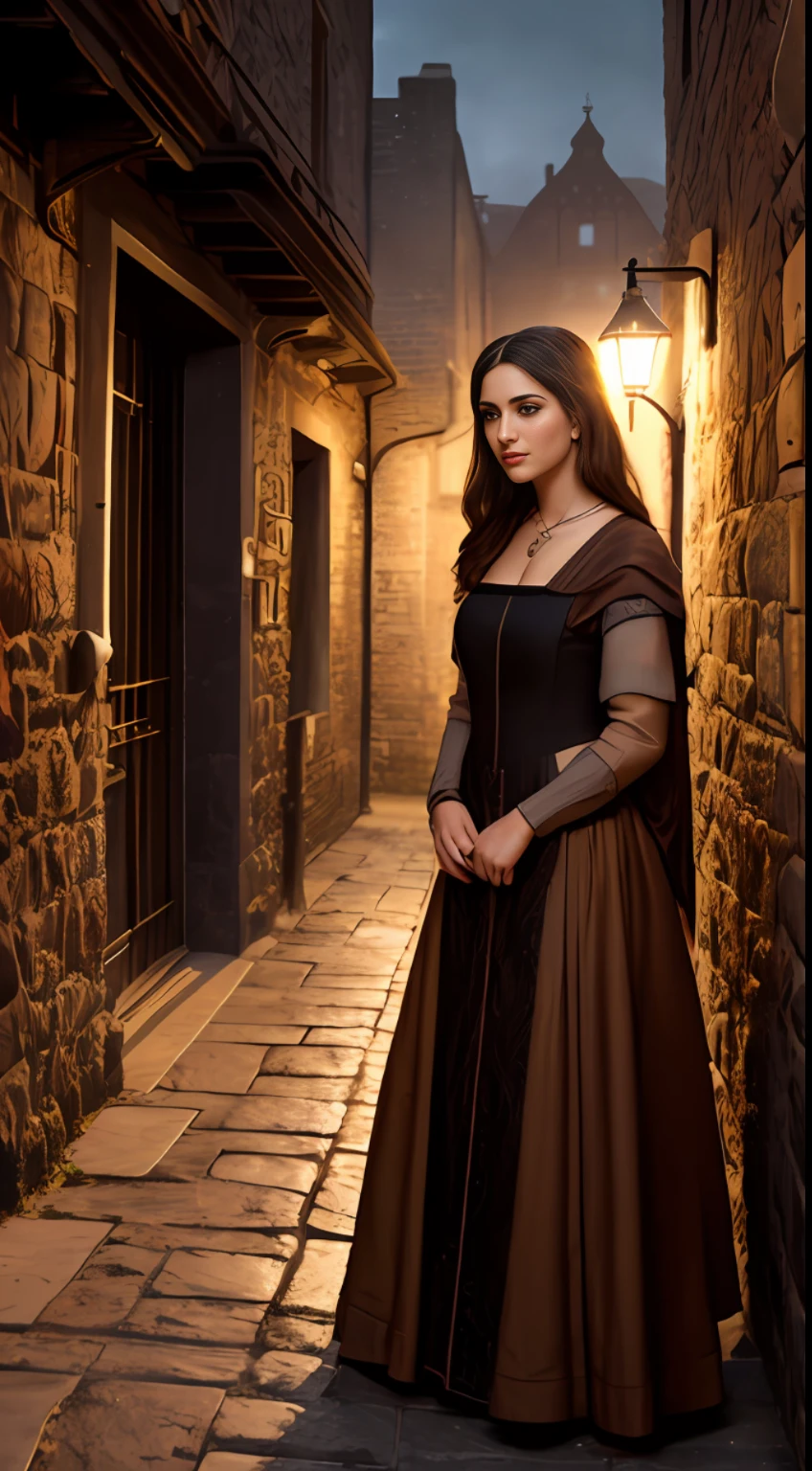 (masterpiece, 8K, UHD, oil painting, photo-realistic:1.3, by Greg Rutkowski), 12th-century medieval brothel, (stunning woman in sexy medieval attire:1.2), inviting medieval passengers, torch-lit alleyway in Southwark, London, late evening hours, (12th-century setting:1.2), flickering shadows, dimly lit ambiance, warm hues, intricate details, realistic style, capturing the allure and secrecy of the medieval underground.
