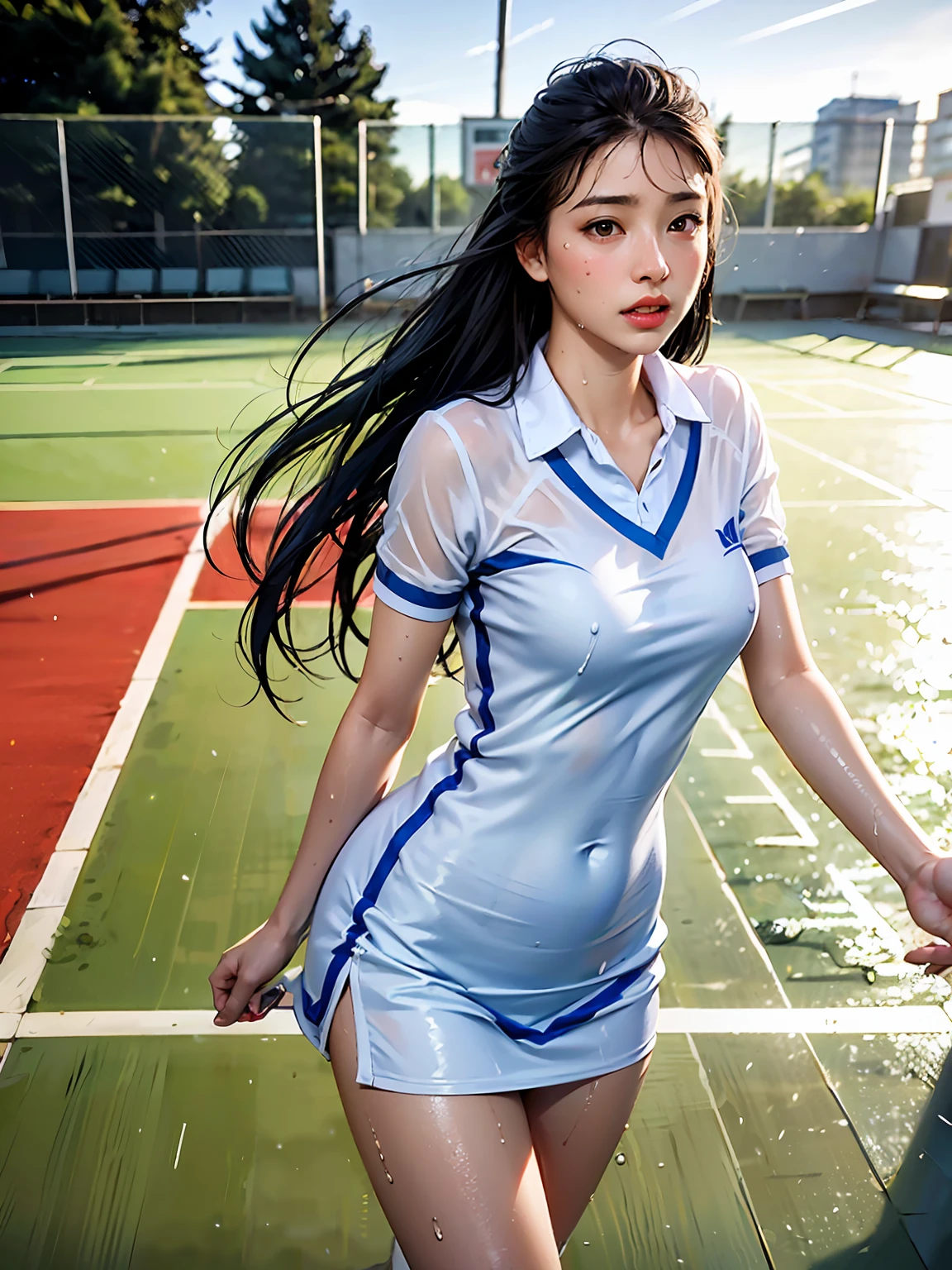 (8k, best quality, masterpiece:1.2), (realistic, photo-realistic:1.37), ultra-detailed,best quality, ultra high res, professional lighting, photon mapping, radiosity, physically-based rendering, cinematic lighting, clear sky,
basketball court,depth of field, sharp focus,sunbeam, good composition,(bokeh:1.2)
1girl,solo,(full body), (closed mouth),beautiful detailed eyes, pose, narrow waist, tennis dress, tennis skirt, tennis uniform,
black hair,messy hair,long hair floating in wind,(ulzzang-6500:1.2), pantyshot, (raining, see-through, wet shirt, wet hair, wet clothes:1.2),