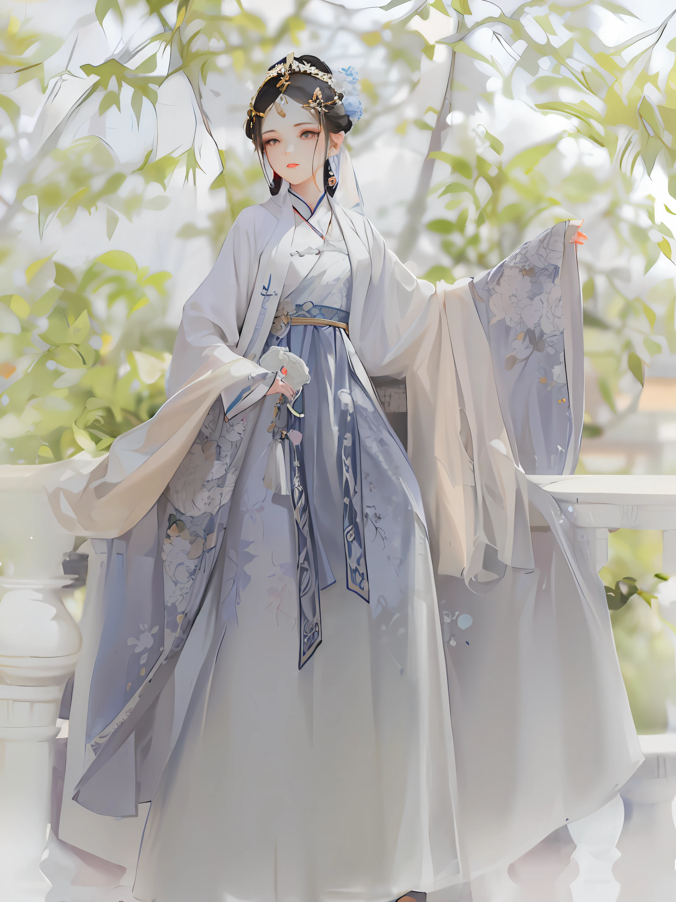 a woman in a gray dress and a white shawl is posing, )Hanfu, white Hanfu, traditional Chinese clothes, wearing ancient chinese clothes, palace , girl in Hanfu, ancient china art style, flowing magical robe, china clothes, ancient chinese princess, ethereal beauty, chinese dress, tang dynasty, wearing a flowing dress, with acient chinese clothes
