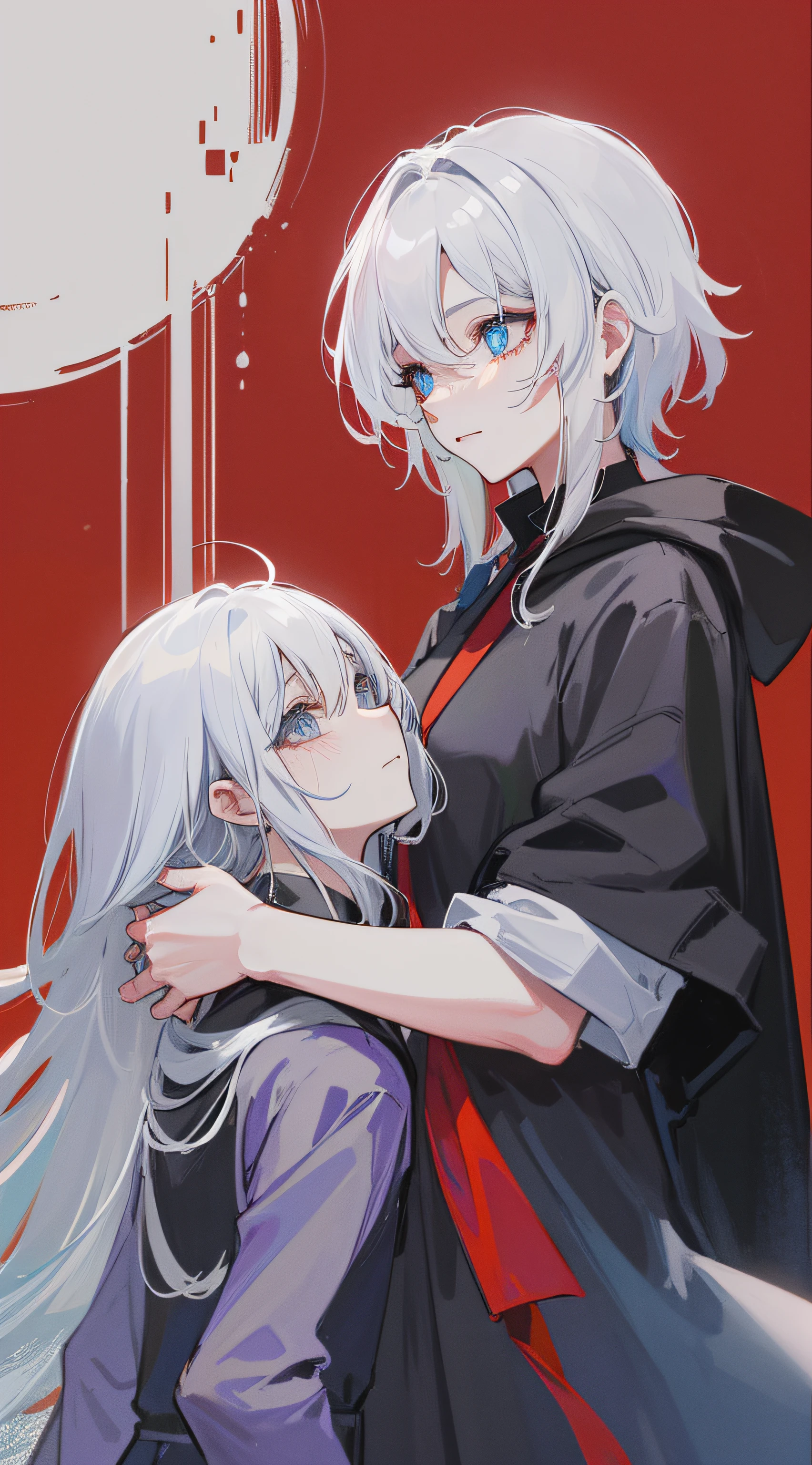 1man, sharp blue eyes with sharp pupils, White pointed hair,He wears a black robe,, intimate hug with his red-eyed wife((41 year old face))