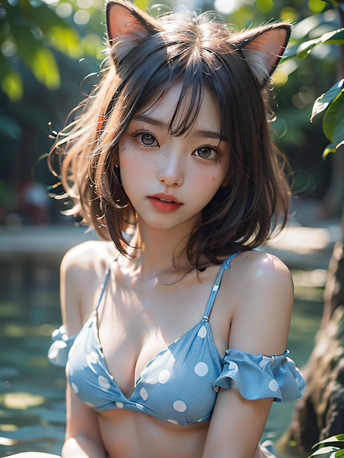 1girl、Beautiful Korean cat-eared girl、(Cute loose bob hair、hair flowing)、(Wearing a light blue polka dot bikini:1.5)、(Red Lips、Small Chest、toned stomach、ceyelashes、aegyo sal)、Immersive backgrounds、global illumination、natural beautiful light、(BEAUTIFUL DETAILED EYES、Symmetrical Eyes)、(8k、RAW Photography、master masterpiece、high definition RAW color photo、The Highest Quality、高精細CG統一8K壁紙)、(Best shadow、the best illustration)、 physically based rendering、high-contrast、rich color