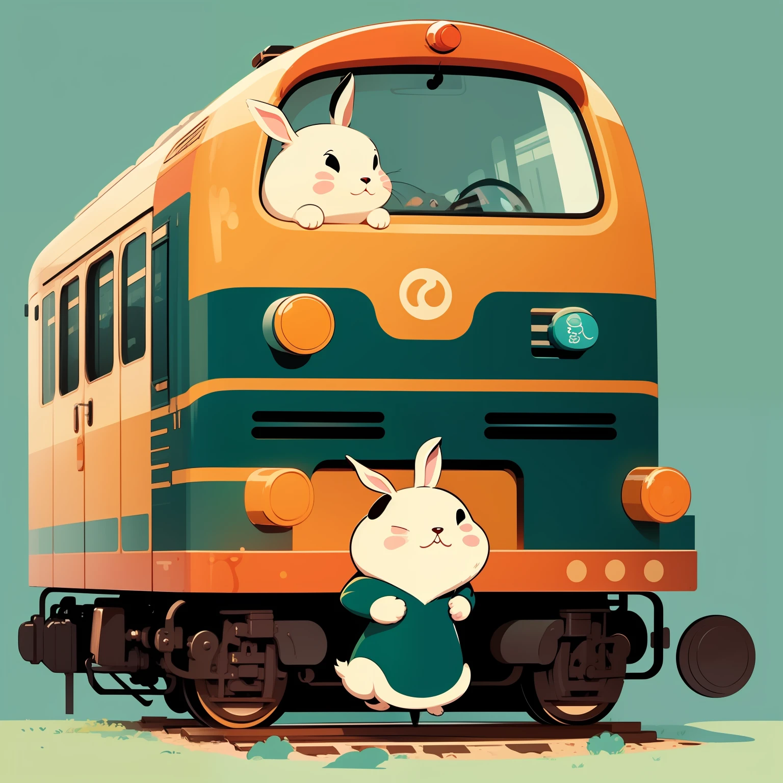 cartoon image design with a train and rabbits, vector art by Chizuko Yoshida, shutterstock, mingei, cute cartoon style, adorableness、CARTOON, Hand drawn cartoon art style, cartoonish vector style, cartoon artstyle, japanese cartoon style, simple cartoon style, animation cel for anime movie, cartoonish graphic style, cartoonish cute, cute cartoon character
