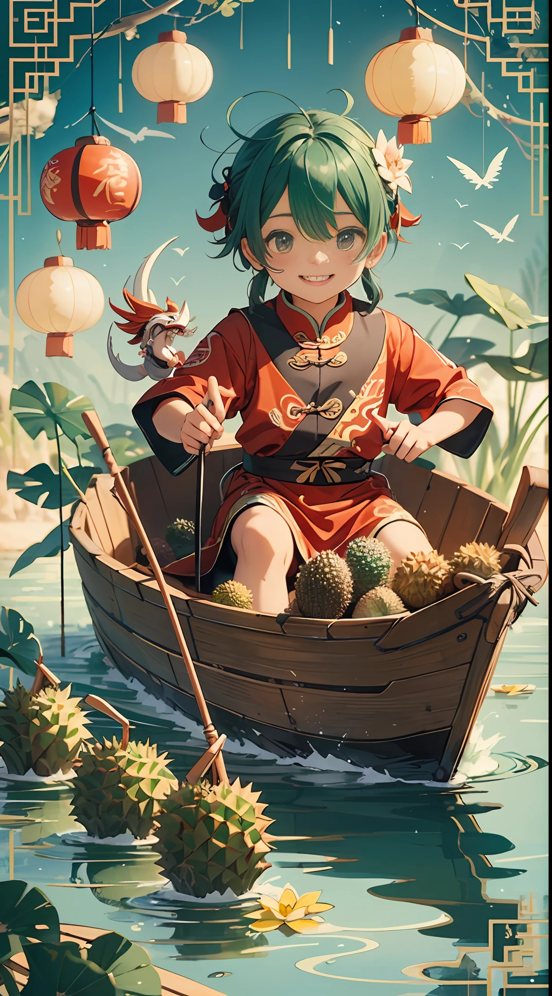 Chinese Dragon Boat Festival scene, a cute little boy from Chinarowing a Chinese dragon boat, boat put in durian, he is happy and smiling, ricedumplings, lotus lanterns floating in the river, bright background, filmshot, art nouveau style, organic smooth lines, futuristic Colorful wavesof pie, intricate and bizarre illustrations, swirls, colorful turbulence,high-resolution ultra-detailed --s 400