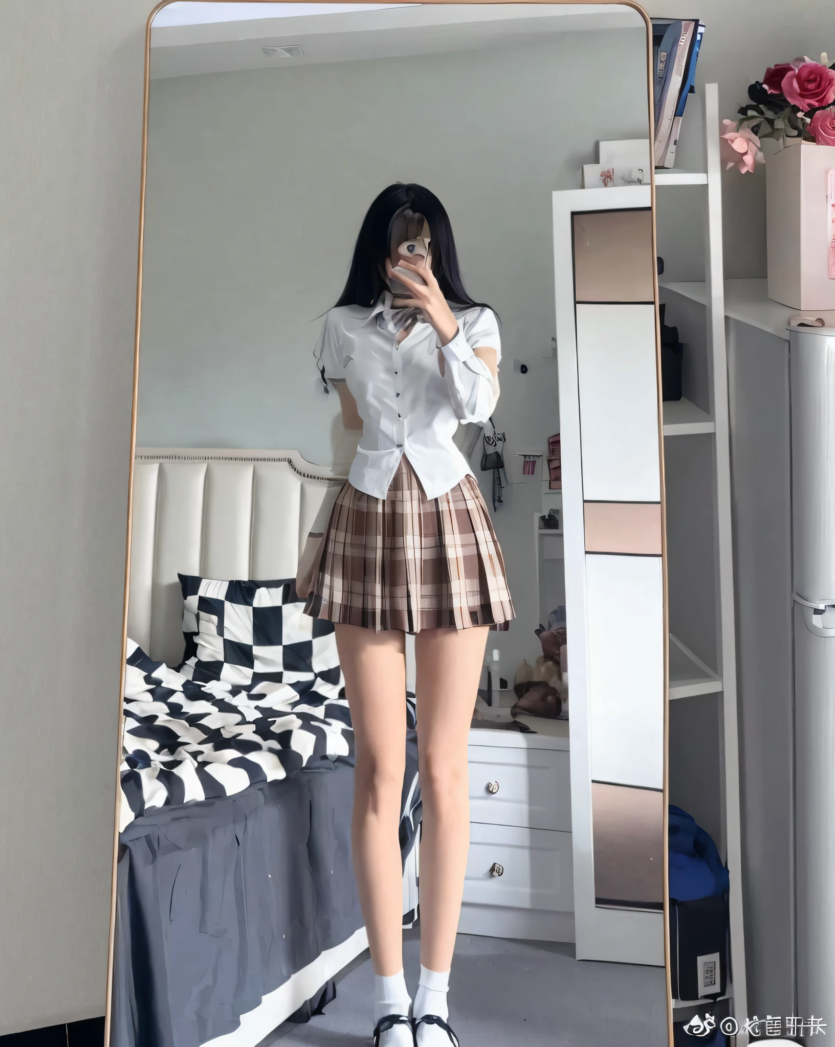 there is a woman taking a selfie in a mirror, wearing skirt and high socks, wearing a skirt, cute schoolgirl, thighhighs and skirt, 8k)), plaid skirts, Ulzzang, magical school student uniform, Surrealism female student, Japanese girl school uniform, jk uniform, wearing a school soccer uniform, 🔥 😎 🕹️ 👀 :2, beautiful short skirt