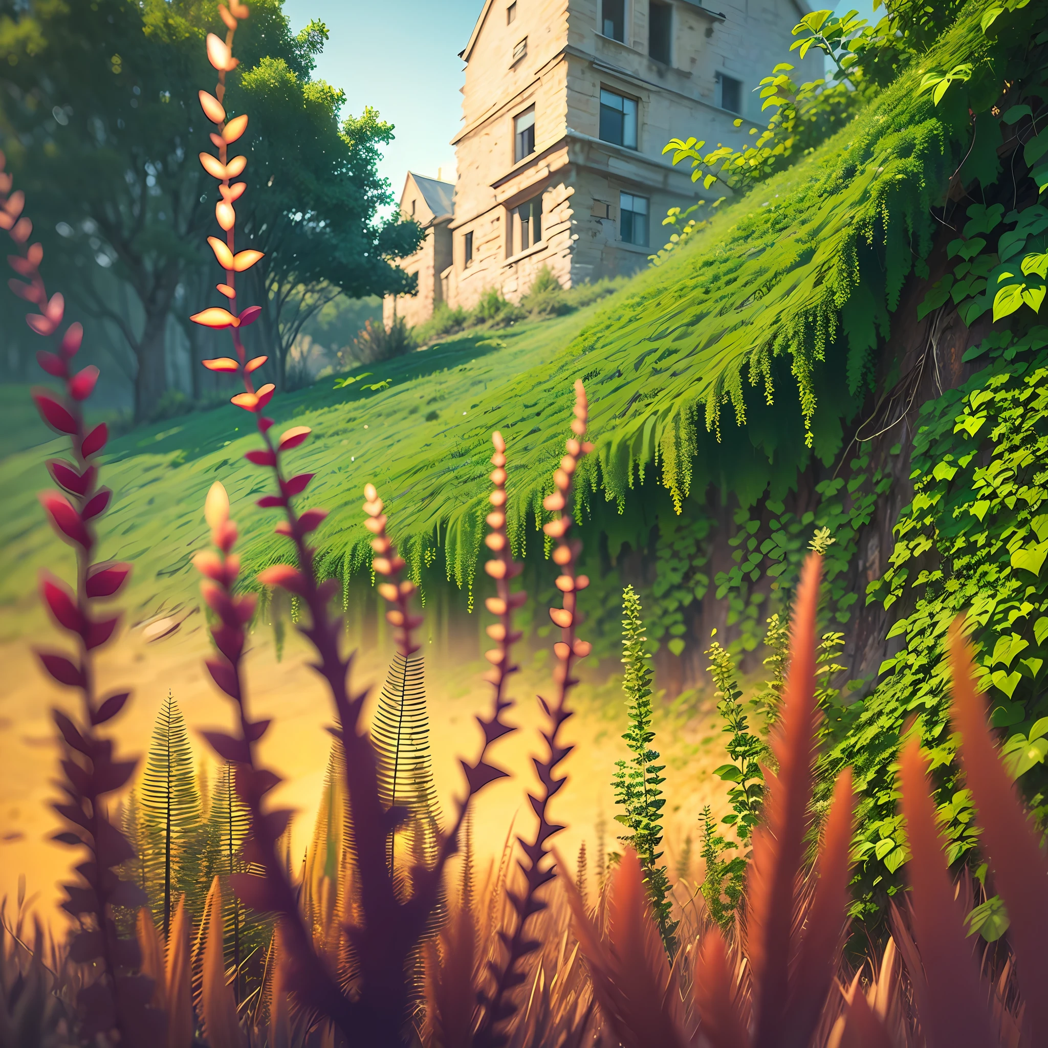 Computer visualized graphics, realistic fentezi, anime, clamp, Chobits, Disney, Cartoon characters, Extensive landscape ultra photography (general view, which shows, A dilapidated stone tower with outbuildings - very similar to a temple - is completely overgrown with ivy, With dark-blue, twisted into three fingers thick trunk and rare, withered bluish leaves), blurred background, grim, yellow, green, purple background, pink, warm, волшебство “Majestic mountains,” “Lush forests,” “Glittering lakes,” “Desert dunes,” “Golden sunsets.” --auto --s2