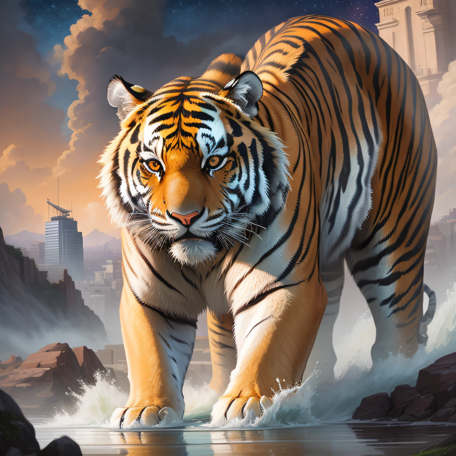 "A striking master painting of impeccable quality, depicting a tiger in the foreground in a landscape of hanging gardens. The Celestial City Behind-plan est remplie de voitures volantes, avec fermer-up details of the building floating in the air. Ajoutez-y votre propre touche artistique ." --auto