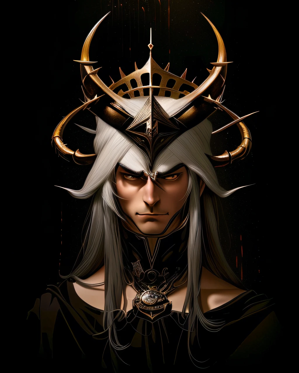 um close up de uma pessoa com um cocar com chifres e uma coroa, rsrs, divindade de cabelos brancos, fit male demon with white horns, the former demon king, prince crown of black gears, Retrato do Imperador da Humanidade, Karthus de League of Legends, arte chave do anime, Deus masculino bonito da morte, regal and menacing visage, white horns demon queen