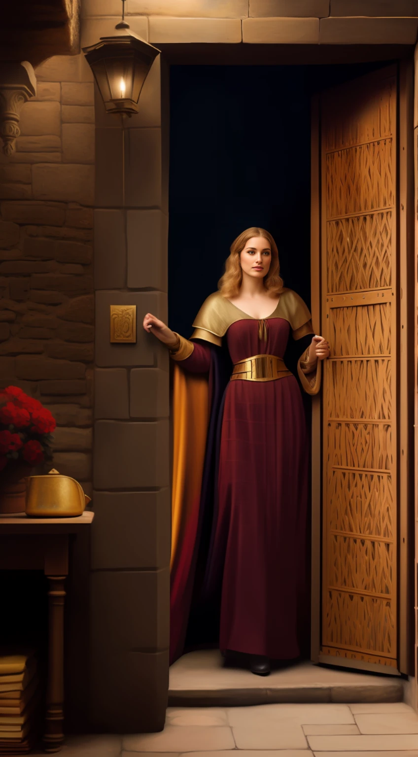 (masterpiece, 8K, UHD, oil painting, photo-realistic:1.3, by Greg Rutkowski), 12th-century medieval brothel, (stunning woman in sexy medieval attire:1.2), inviting medieval passengers, torch-lit alleyway in Southwark, London, late evening hours, (12th-century setting:1.2), flickering shadows, dimly lit ambiance, warm hues, intricate details, realistic style, capturing the allure and secrecy of the medieval underground.