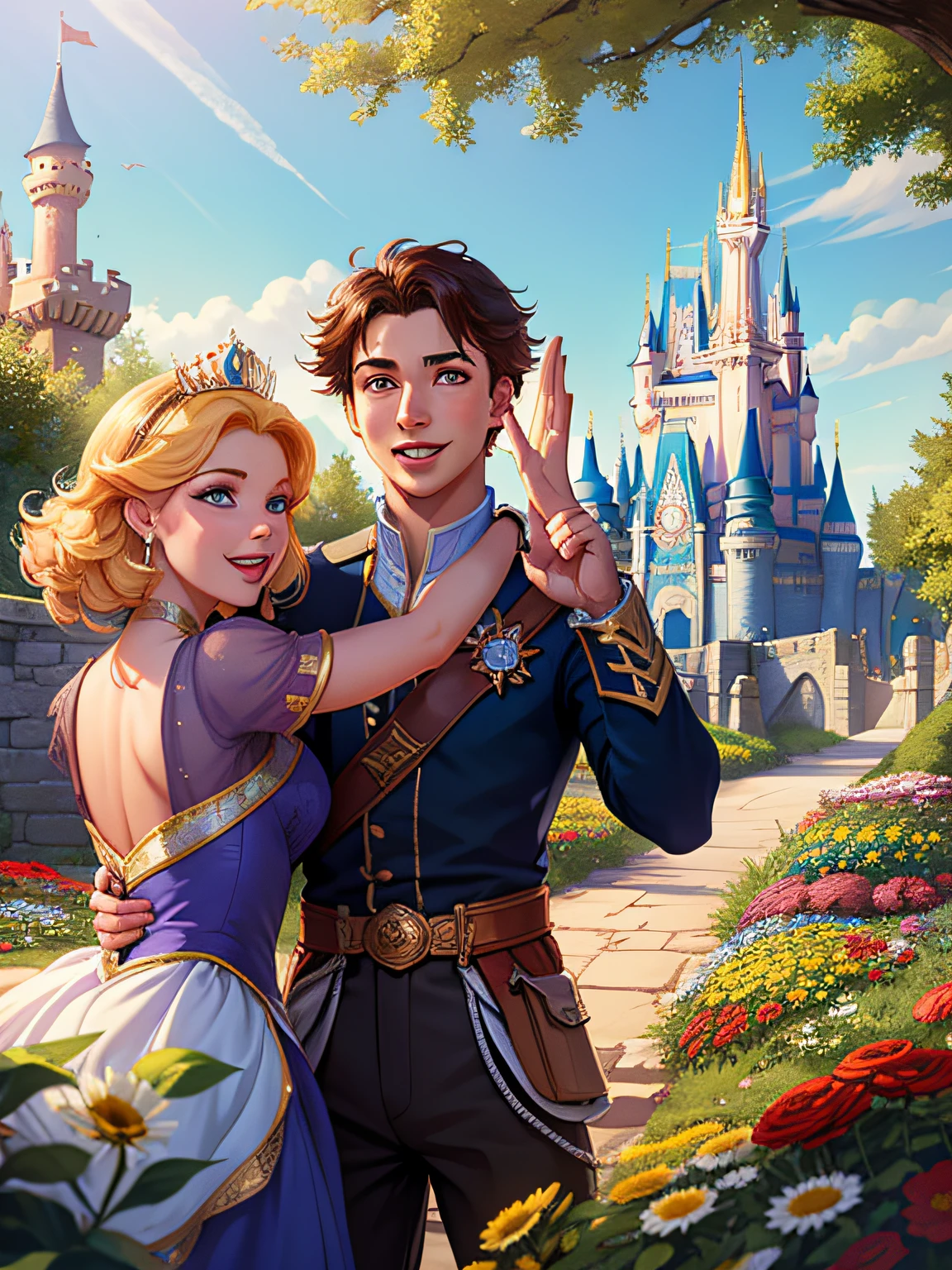 One boy，A Girl，disney，Princes and princesses，castle background，Happy gesture，IT was sunny，the flowers，HDR，8K，UNREAL ENGINE
