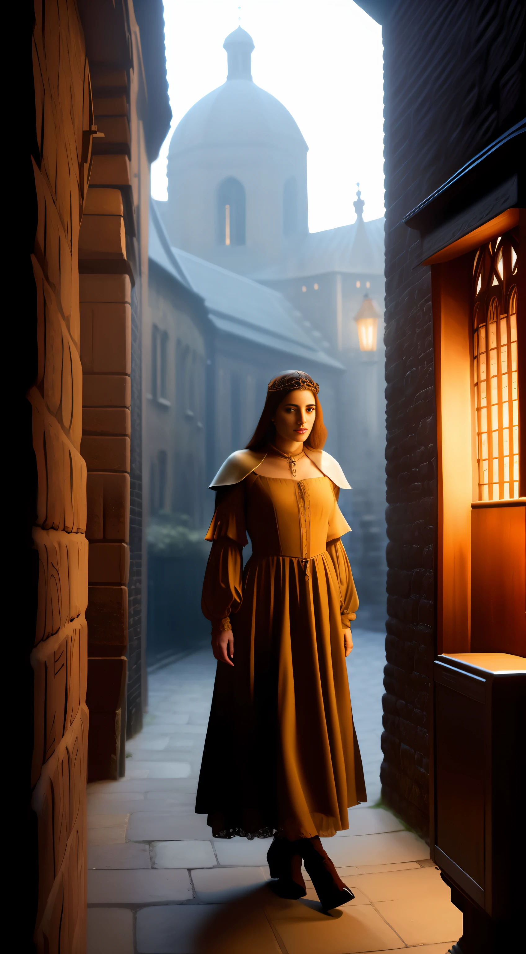 (masterpiece, 8K, UHD, oil painting, photo-realistic:1.3, by Greg Rutkowski), 12th-century medieval brothel, (stunning woman in sexy medieval attire:1.2), inviting medieval passengers, torch-lit alleyway in Southwark, London, late evening hours, (12th-century setting:1.2), flickering shadows, dimly lit ambiance, warm hues, intricate details, realistic style, capturing the allure and secrecy of the medieval underground.