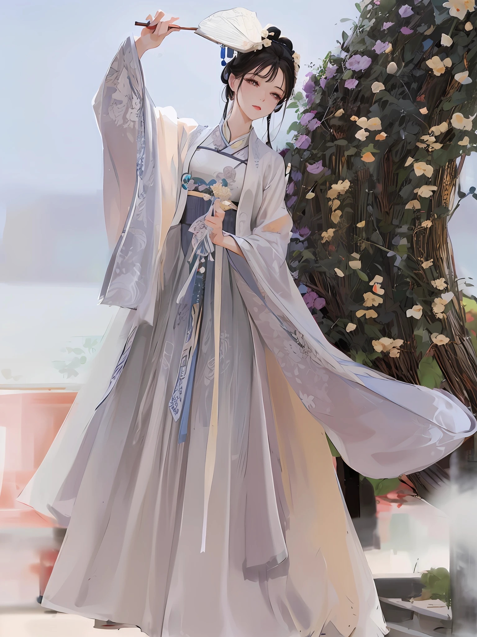 a close up of a woman in a dress with a fan, white Hanfu, Hanfu, flowing magical robe, traditional Chinese clothes, wearing ancient chinese clothes, palace , girl in Hanfu, dressed with long fluent clothes, pale and coloured kimono, long beautiful flowing kimono, ethereal beauty, china clothes, chinese dress, with acient chinese clothes, flowing robe