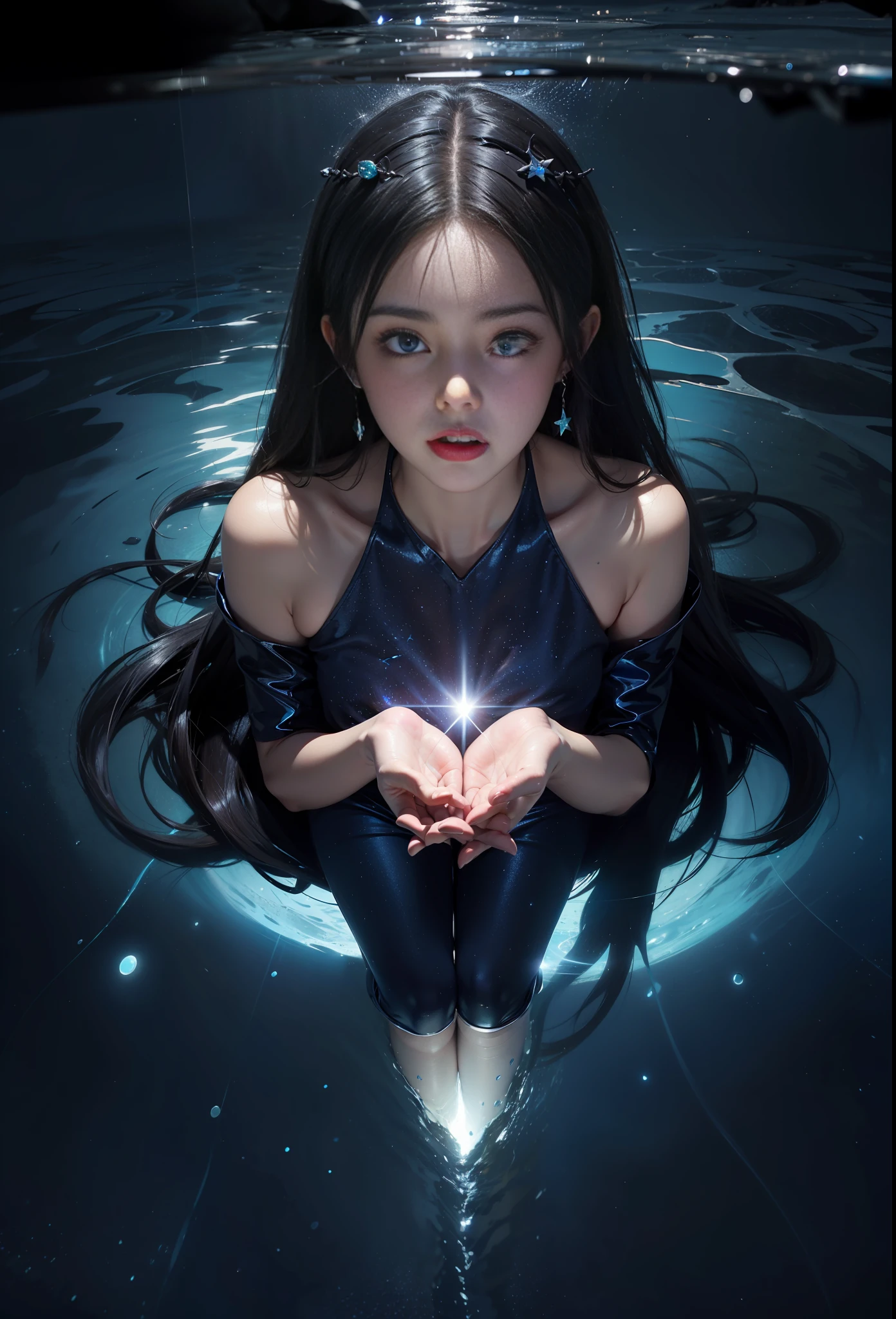 Starry sky under the sea,Black and white tiles,Broken glass,Floor reflection,Blue starry sky,Starry blue long-haired Girl,A sense of absurdity,Fantastic,adorableness,Bright blue eyes,Stars in hand,Dark color,A river of stars,water,、,、,、,,Hazy beauty,A sense of confusion,Underdark,detail portrayal,Light and shadow portrayal,the ai,Science-fi sense,an earring,Character focus,Character highlights,