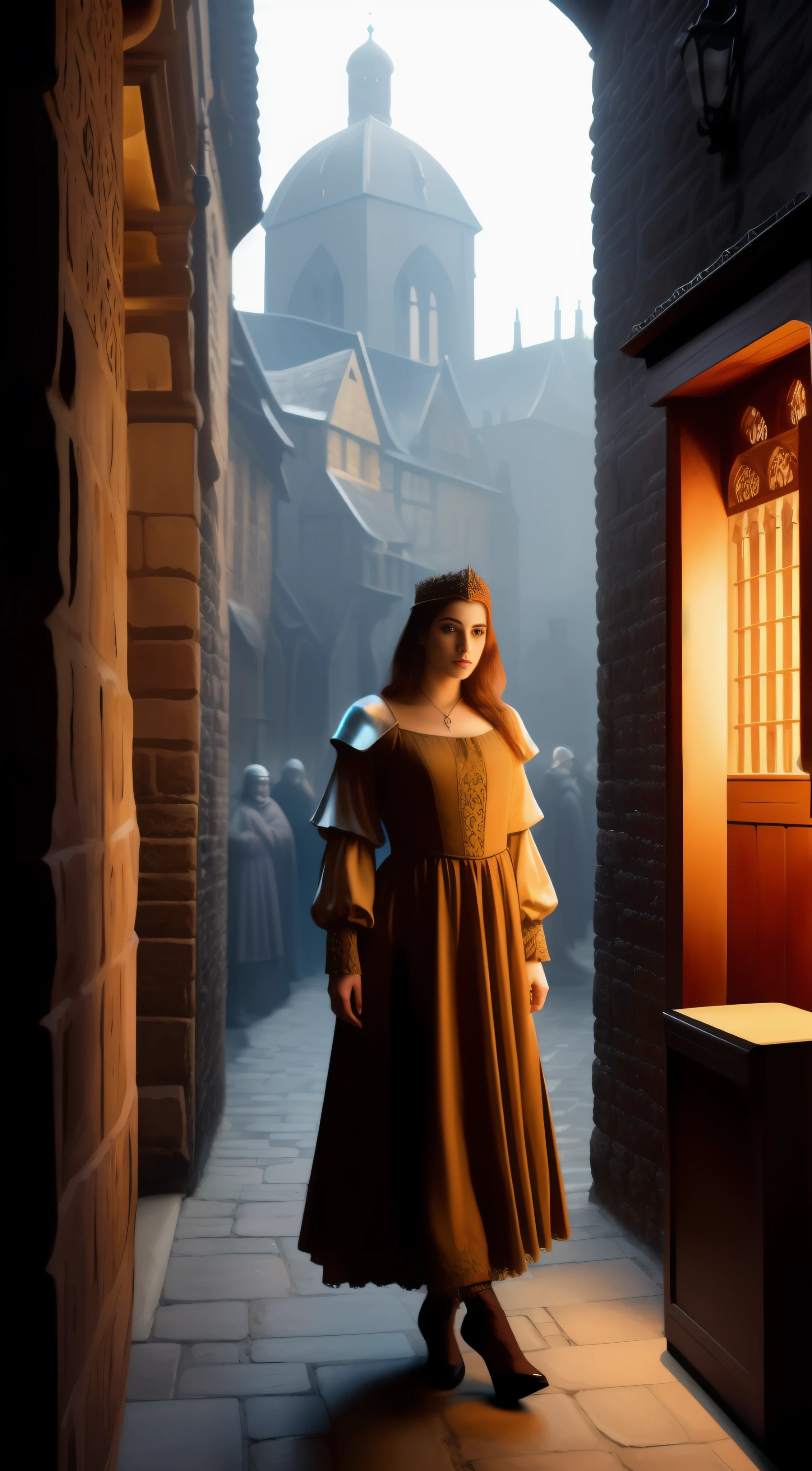 (masterpiece, 8K, UHD, oil painting, photo-realistic:1.3, by Greg Rutkowski), 12th-century medieval brothel, (stunning woman in sexy medieval attire:1.2), inviting medieval passengers, torch-lit alleyway in Southwark, London, late evening hours, (12th-century setting:1.2), flickering shadows, dimly lit ambiance, warm hues, intricate details, realistic style, capturing the allure and secrecy of the medieval underground.