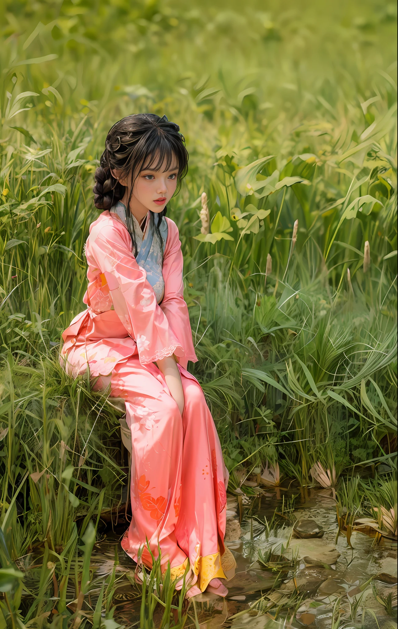 Sitting by a circular lake, feet playing in the water, the art depicts a charming woman with a melon face, dressed in a flowing, silky traditional oriental dress, lilac, decorated with intricate patterns and bright colors. Her dress drapes elegantly over her curvy figure, accentuating her seductive silhouette. She sits gracefully by the tranquil lotus lake, her feet playing in the water, bathed in the soft glow of the moonlight. The scene exudes an ethereal and dreamy atmosphere, with a touch of mystery and sexiness. The graphic style blends watercolor and digital illustration techniques to evoke a refined beauty and charm. The lights are filled with soft moonlight, casting soft highlights and shadows on her charming features. Open thighs, long lace trousers, large breasts, three-dimensional facial features, sitting, upturned legs, side braids