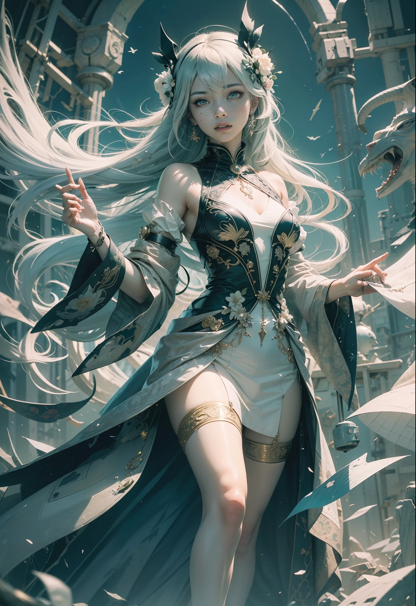 shibuya、hatsuneMiku、(ultra Realistic), (An illustration), (Highres), (8K), (highlydetailed), (the best illustration), (Beautiful Detailed Eyes), (beste Quality), (Super Detailed), (Master peace), (Wallpapers), (Detailed Face), solo、, 1人の女の子, disheveled aristocratic dress、White hair, Iris heterochromatic eyes, small moles under eye, medium chest, Long legs、Stunning composition、Foot braids、Beautiful and detailed legs