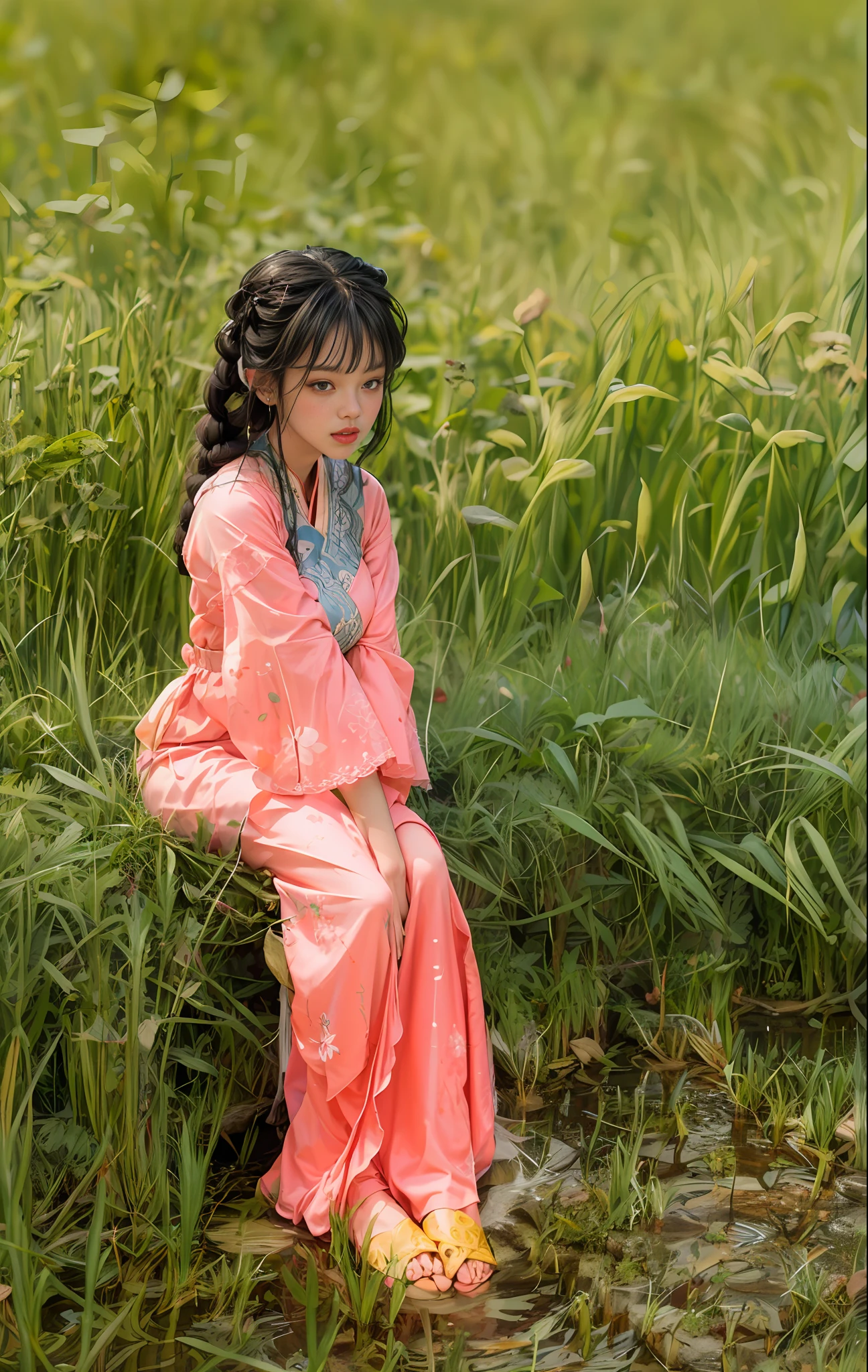 Sitting by a circular lake, feet playing in the water, the art depicts a charming woman with a melon face, dressed in a flowing, silky traditional oriental dress, lilac, decorated with intricate patterns and bright colors. Her dress drapes elegantly over her curvy figure, accentuating her seductive silhouette. She sits gracefully by the tranquil lotus lake, her feet playing in the water, bathed in the soft glow of the moonlight. The scene exudes an ethereal and dreamy atmosphere, with a touch of mystery and sexiness. The graphic style blends watercolor and digital illustration techniques to evoke a refined beauty and charm. The lights are filled with soft moonlight, casting soft highlights and shadows on her charming features. Open thighs, long lace trousers, large breasts, three-dimensional facial features, sitting, upturned legs, side braids