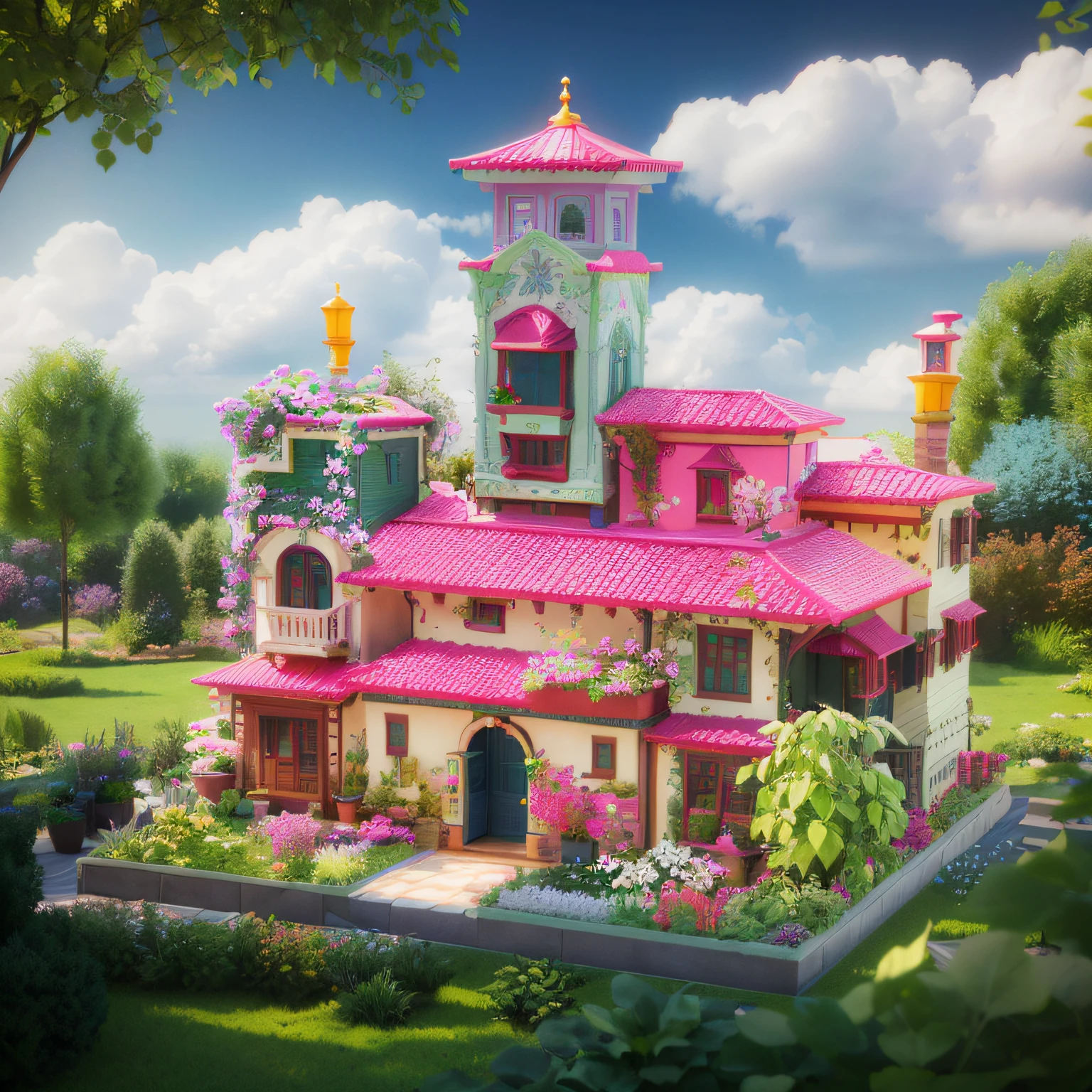 Surreal and realistic scenes，arafed model of a pink and green house with a garden, stylized as a 3d render, super detailed render, 3 d render stylized, stylized 3d render, beautifully detailed render, highly detailed scene, very very high detailed, fully detailed render, highly detailed render, very high detailed, super high detail, detailed intricate render