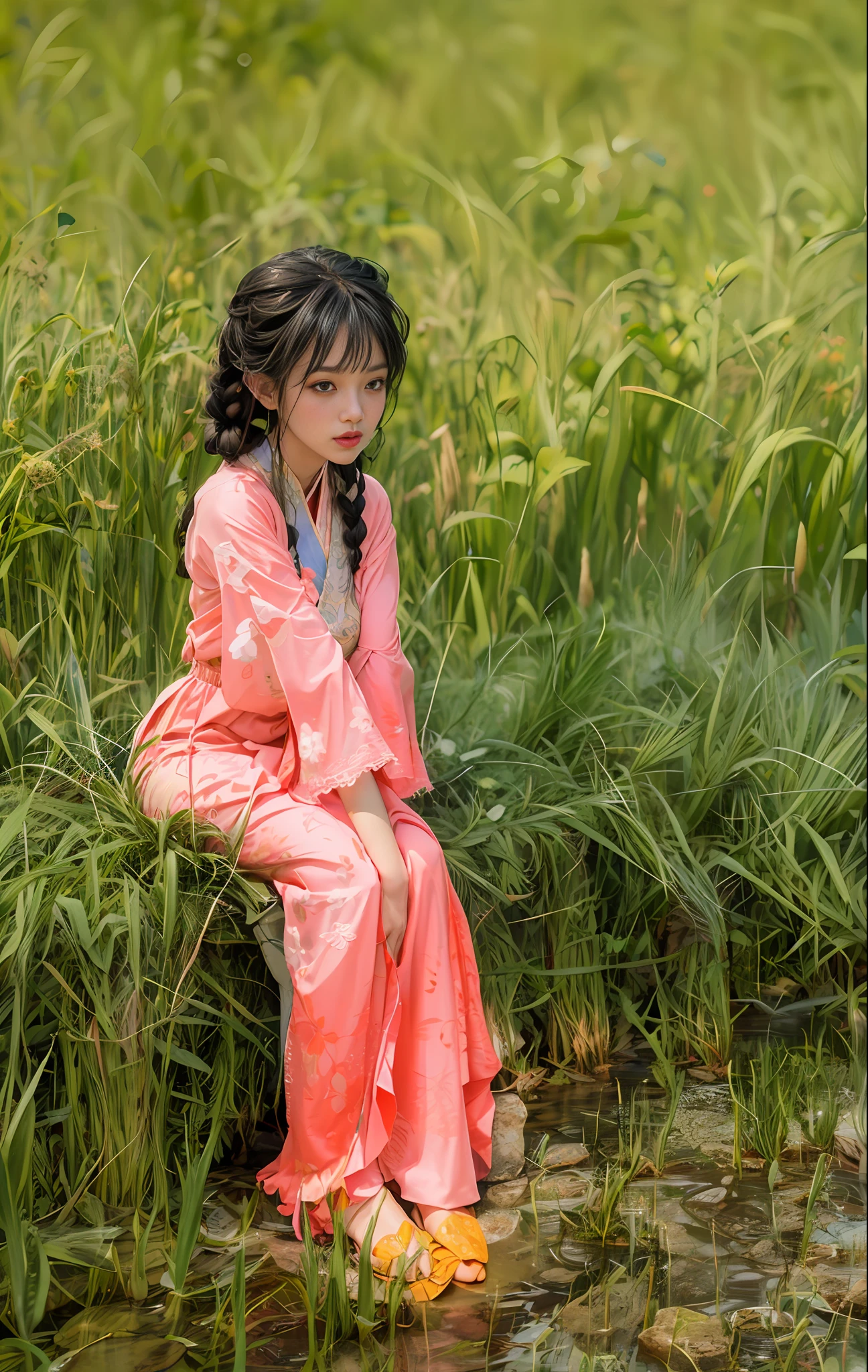 Sitting by a circular lake, feet playing in the water, the art depicts a charming woman with a melon face, dressed in a flowing, silky traditional oriental dress, lilac, decorated with intricate patterns and bright colors. Her dress drapes elegantly over her curvy figure, accentuating her seductive silhouette. She sits gracefully by the tranquil lotus lake, her feet playing in the water, bathed in the soft glow of the moonlight. The scene exudes an ethereal and dreamy atmosphere, with a touch of mystery and sexiness. The graphic style blends watercolor and digital illustration techniques to evoke a refined beauty and charm. The lights are filled with soft moonlight, casting soft highlights and shadows on her charming features. Open thighs, long lace trousers, large breasts, three-dimensional facial features, sitting, upturned legs, side braids