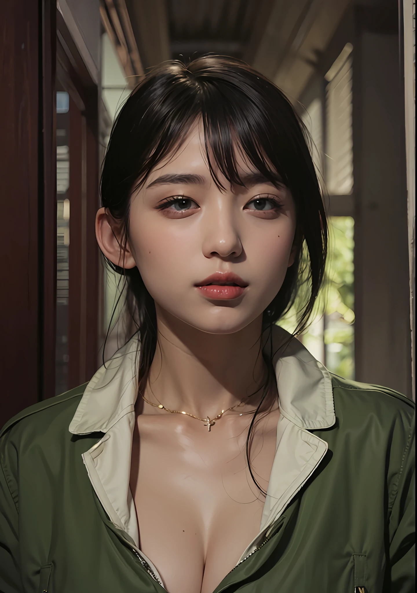 dark short hair、Light green jacket
