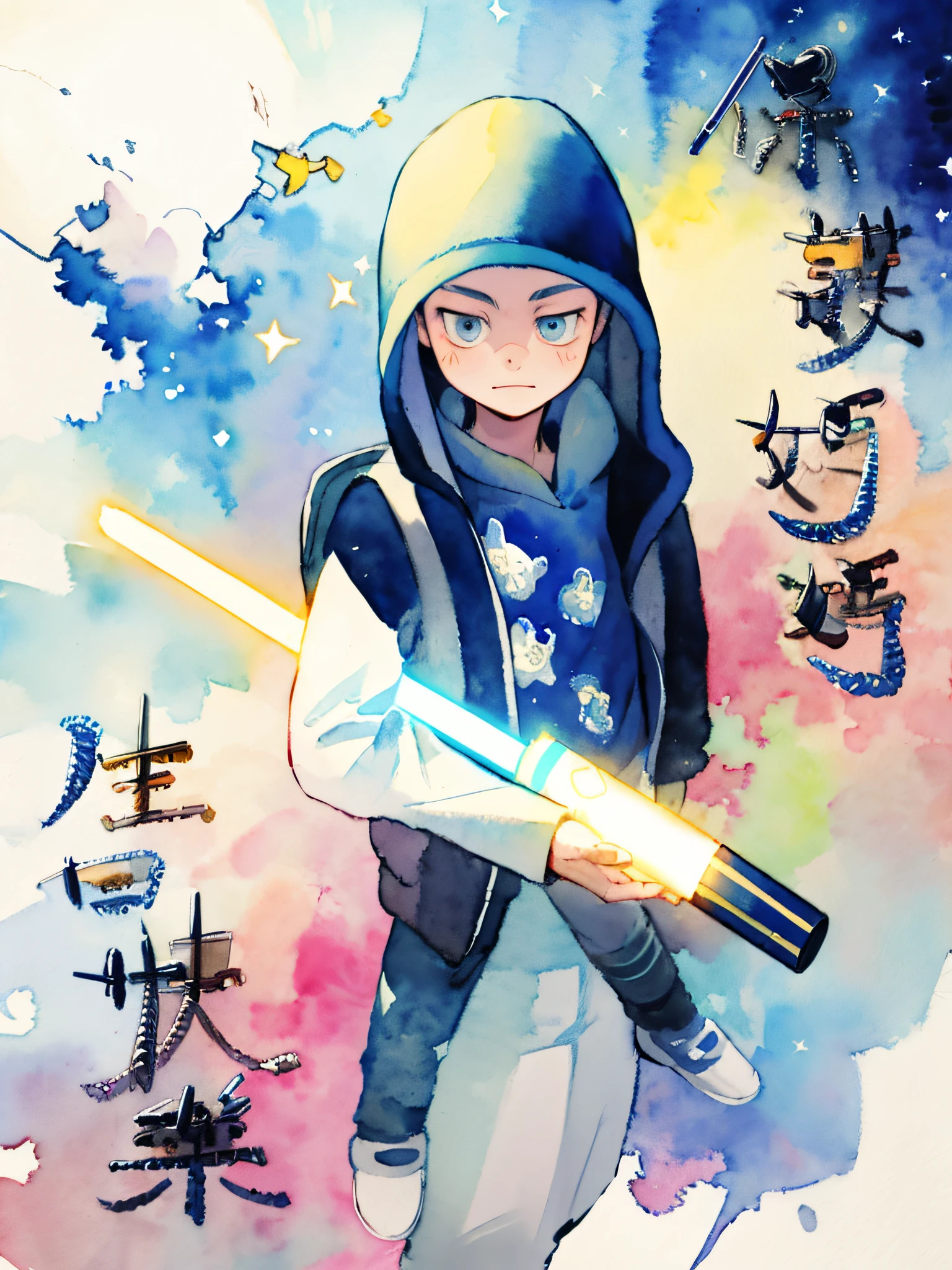 A boy with a lightsaber,watercolors,Light color