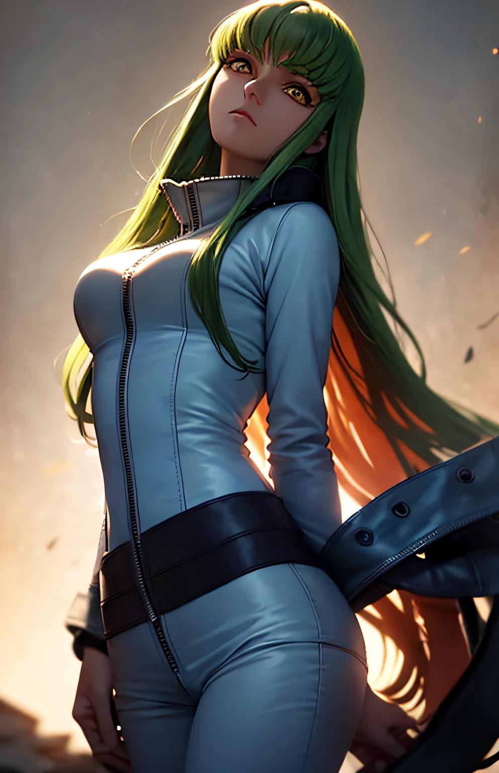 c.c., expressionless,
(masterpiece, best quality, ultra-detailed, best shadow, volumetric lighting), (beautiful detailed face, beautiful detailed eyes), (best illumination),
orange eyes, very long hair, zipper, white straitjacket,
(cowboy shot:1.3), intense angle,
mksks style, beautiful background, professional lighting, landscape with warm Colors,