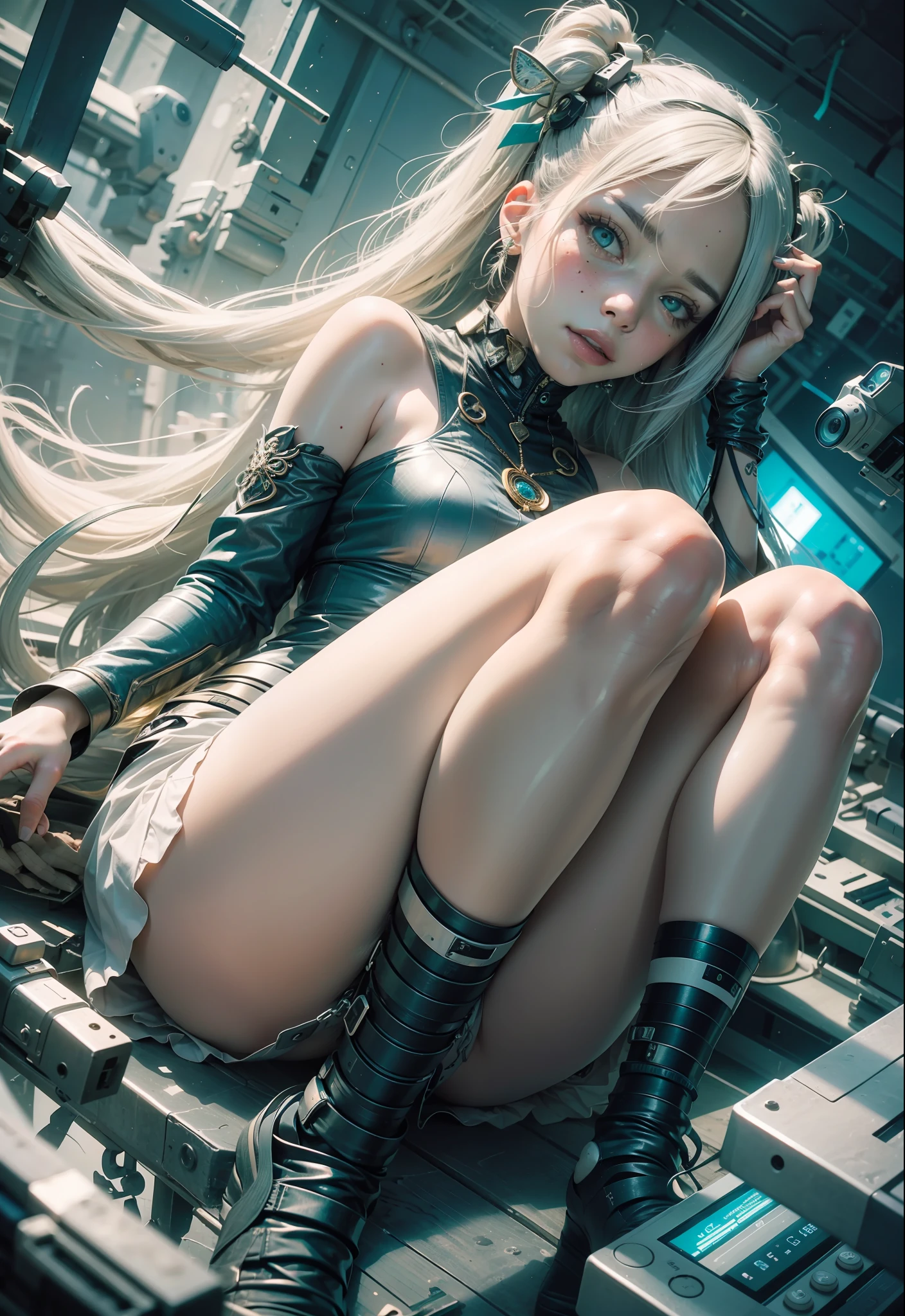 laying on、hatsuneMiku、(ultra Realistic), (An illustration), (Highres), (8K), (muito detalhado), (the best illustration), (Beautiful Detailed Eyes), (beste Quality), (Super Detailed), (Master peace、), (Wallpapers), (Detailed Face), solo、、???? clothes 、White hair, Iris heterochromatic eyes, small moles under eye,  medium ?????, Long legs、Stunning composition、open the ??????、Camel toes