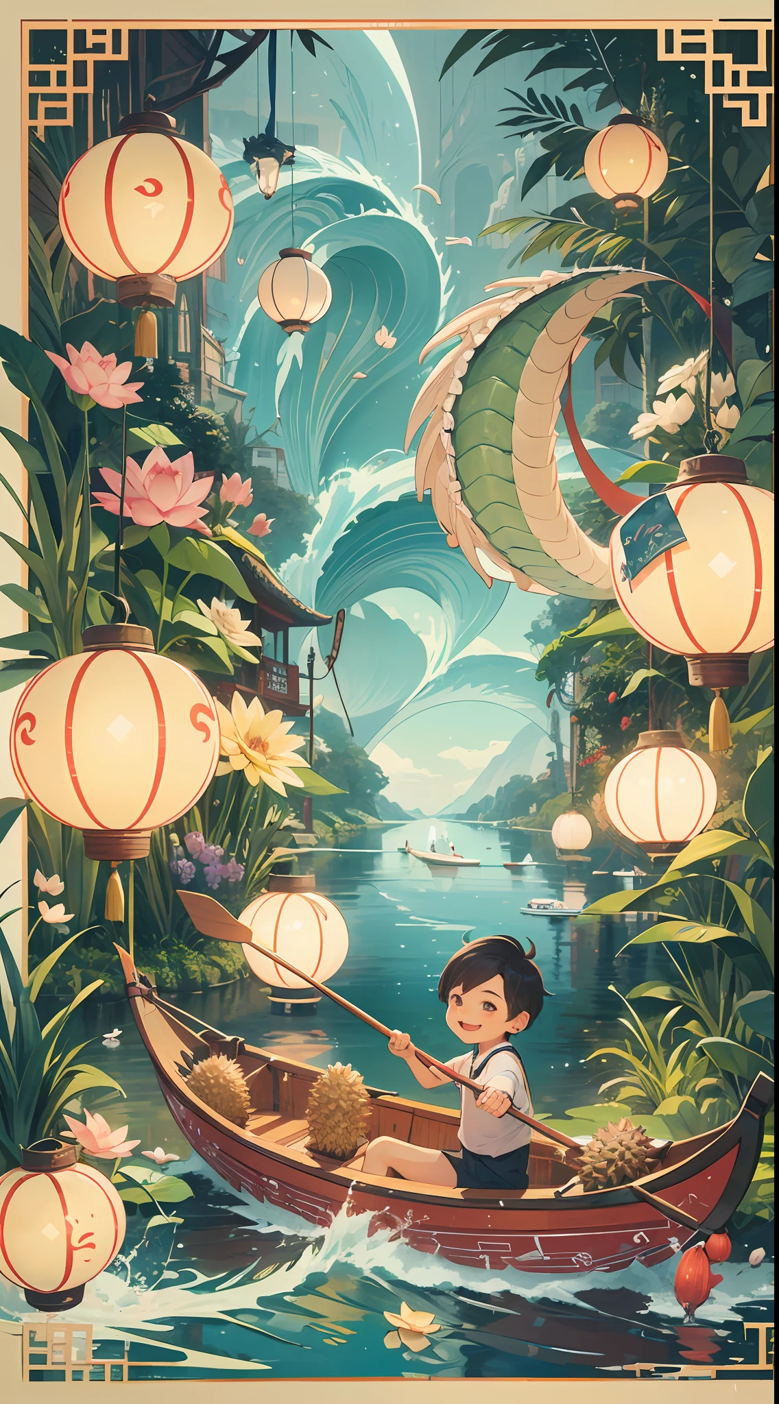 Chinese Dragon Boat Festival scene, a cute little boy from Chinarowing a Chinese dragon boat, boat put in durian, he is happy and smiling, ricedumplings, lotus lanterns floating in the river, bright background, filmshot, art nouveau style, organic smooth lines, futuristic Colorful wavesof pie, intricate and bizarre illustrations, swirls, colorful turbulence,high-resolution ultra-detailed --s 400