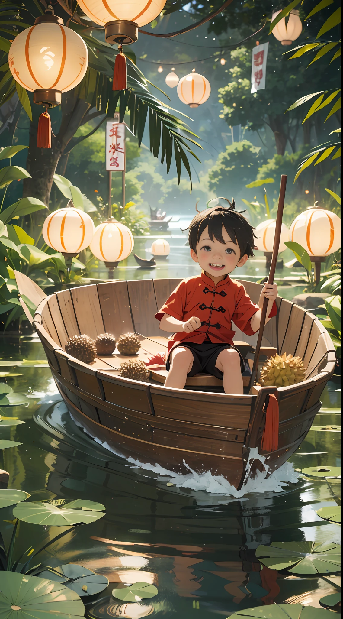 Chinese Dragon Boat Festival scene, a cute little boy from Chinarowing a Chinese dragon boat, boat put in durian, he is happy and smiling, ricedumplings, lotus lanterns floating in the river, bright background, filmshot, art nouveau style, organic smooth lines, futuristic Colorful wavesof pie, intricate and bizarre illustrations, swirls, colorful turbulence,high-resolution ultra-detailed --s 400