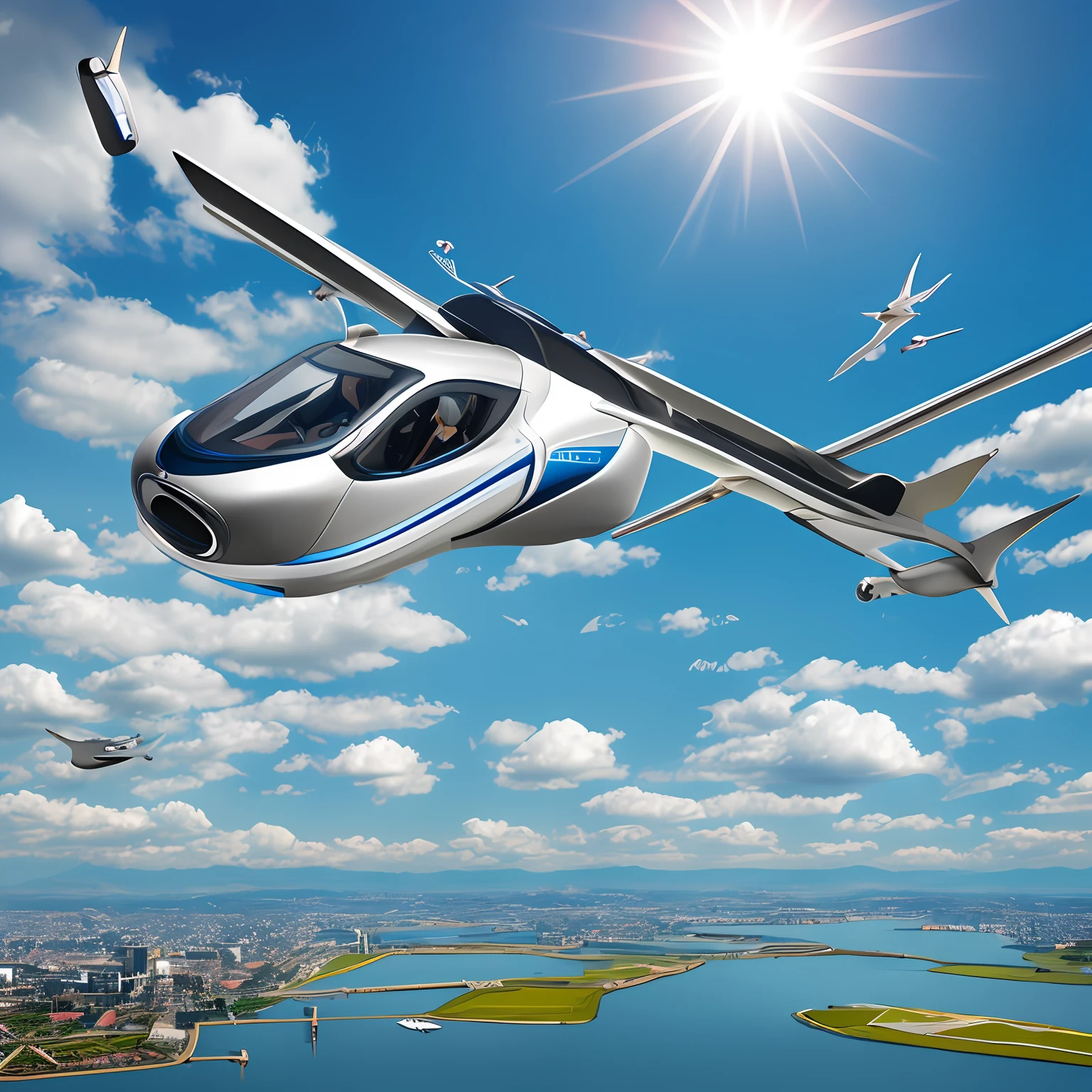 Numerous flying cars realized by advanced science and technology、Each exists at regular intervals.、Flying in order。Shining silver body、Smooth and streamlined shape、comfortable interiors visible through large windows、With blue sky and clouds in the background、Shine reflecting sunlight、As realistic as a photo、To include motion rather than stills、The flying car is in the center of the screen、Focus on flying cars,an aerial view of a city with a large body of water, big!!!!!!!!!!!!, fi Future!!, bird's eye view, shinkai, inspired by Tsuchida Bakusen, concept image, by Nagasawa Rosetsu, Digital rendering, bird eye view, inspired by Kōno Michisei, kanagawa prefecture, floating city, by Kose Kanaoka