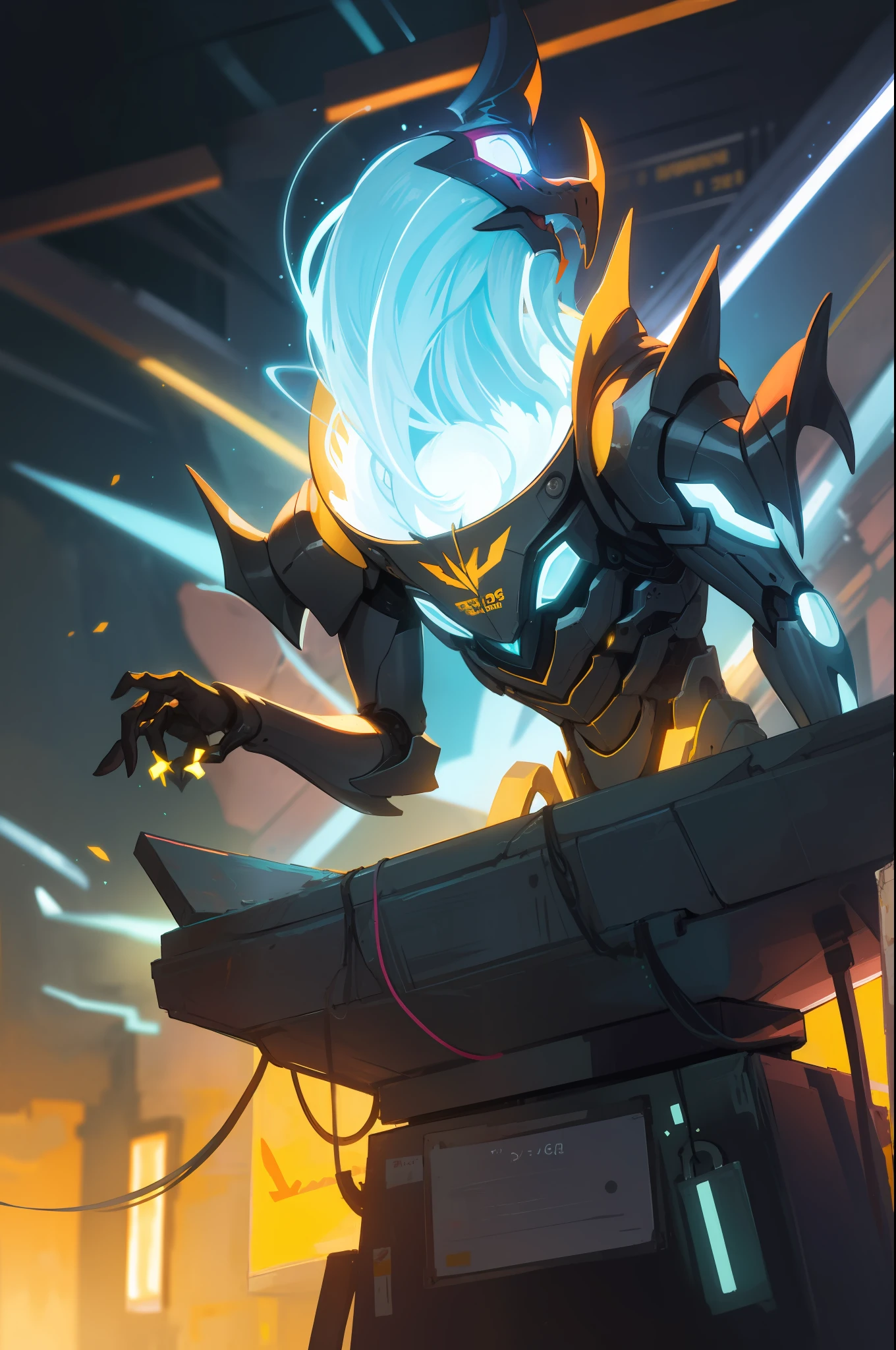 Masterpeace, BestQuality,machine,creature,lightning, neon light beams, beauty, futuristic modern, rockstar, lock, steeply, That's perfect, epic, Bright colors, volume lighting, best shadows, heartily, Shallow Depth of Field, (Top quality, amazing details: 1,25), Brilliant Colorful Paintings, fancy, magic, flicker, Glare, neon garland, 8k