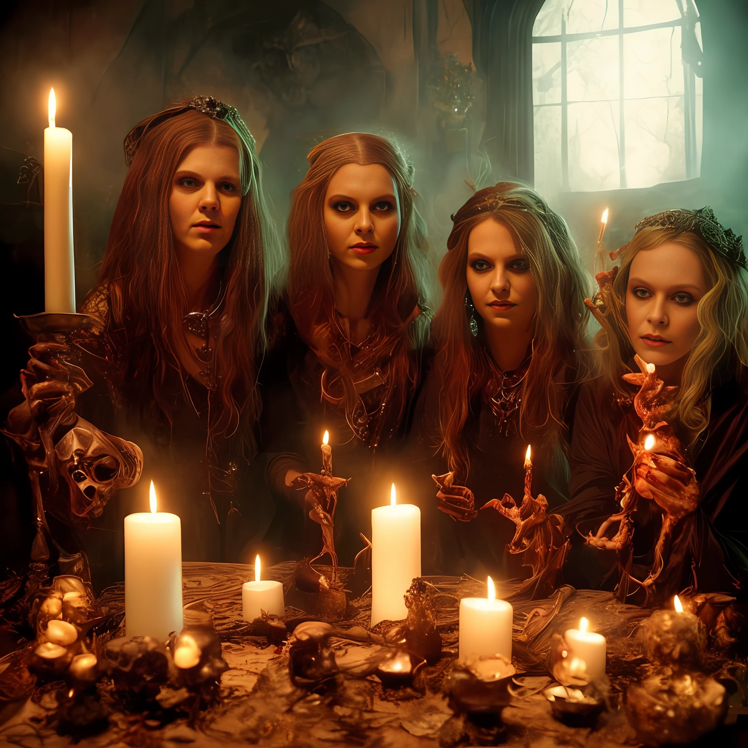 three witches are sitting at a table with candles and a skull, witches, the council of spooky bitches, the witch conjure, casting evil spell, black magic spells, !5 three eyed goddesses, spell casting, demonic magic ritual, casting an evil spell, a seance, with black magic powers, horror photography, realistic fantasy photography, by derek zabrocki