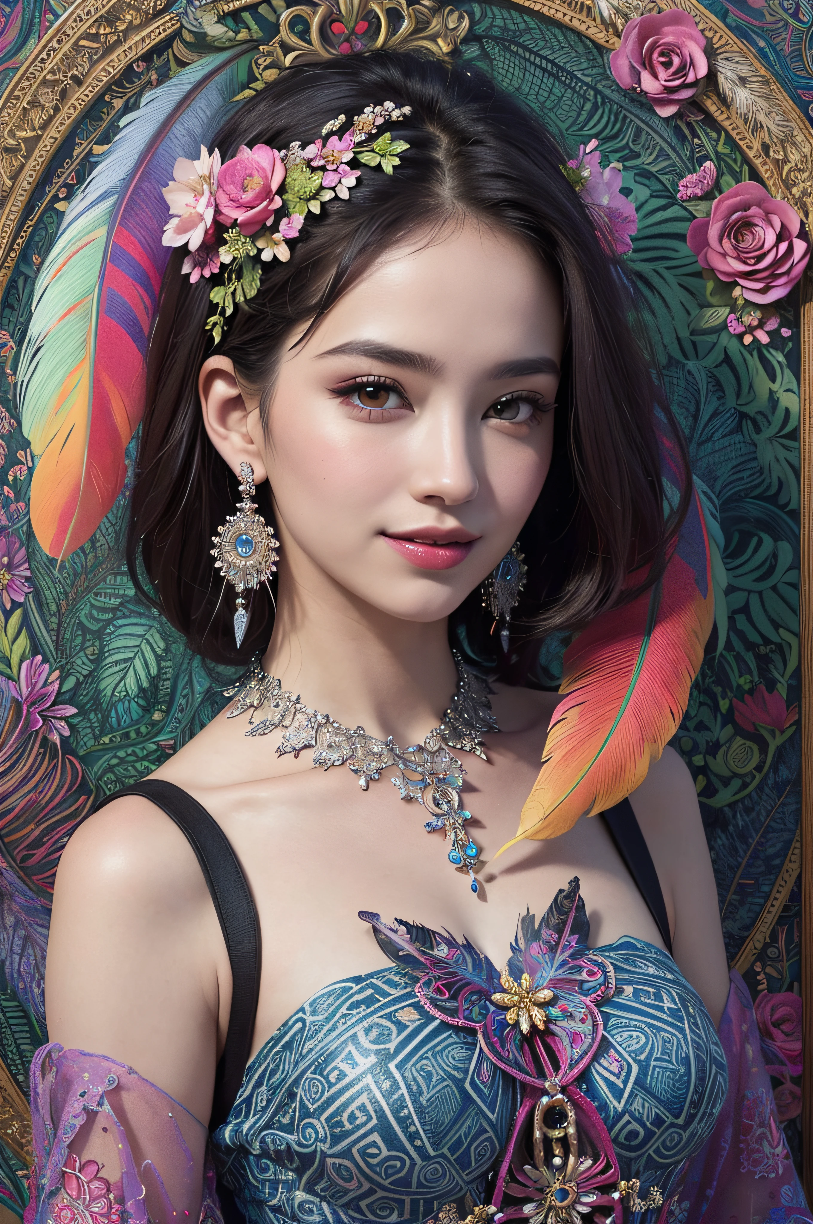 (masterpiece, top quality, best quality, official art, beautiful and aesthetic:1.2), (1girl:1.3), smiling, extremely detailed,(fractal art:1.1),(colorful:1.1)(flowers:1.3),highest detailed,(zentangle:1.2), (abstract background:1.3), (shiny skin), (many colors:1.4), ,(earrings), (feathers:1.5),