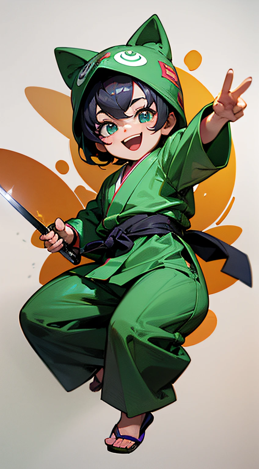 animated,  dressed as a ninja, cuddly, happiness, SMILE, Swing the sword down, amusing, white background, Concept art, Oriental style, Master of perspective, realistice