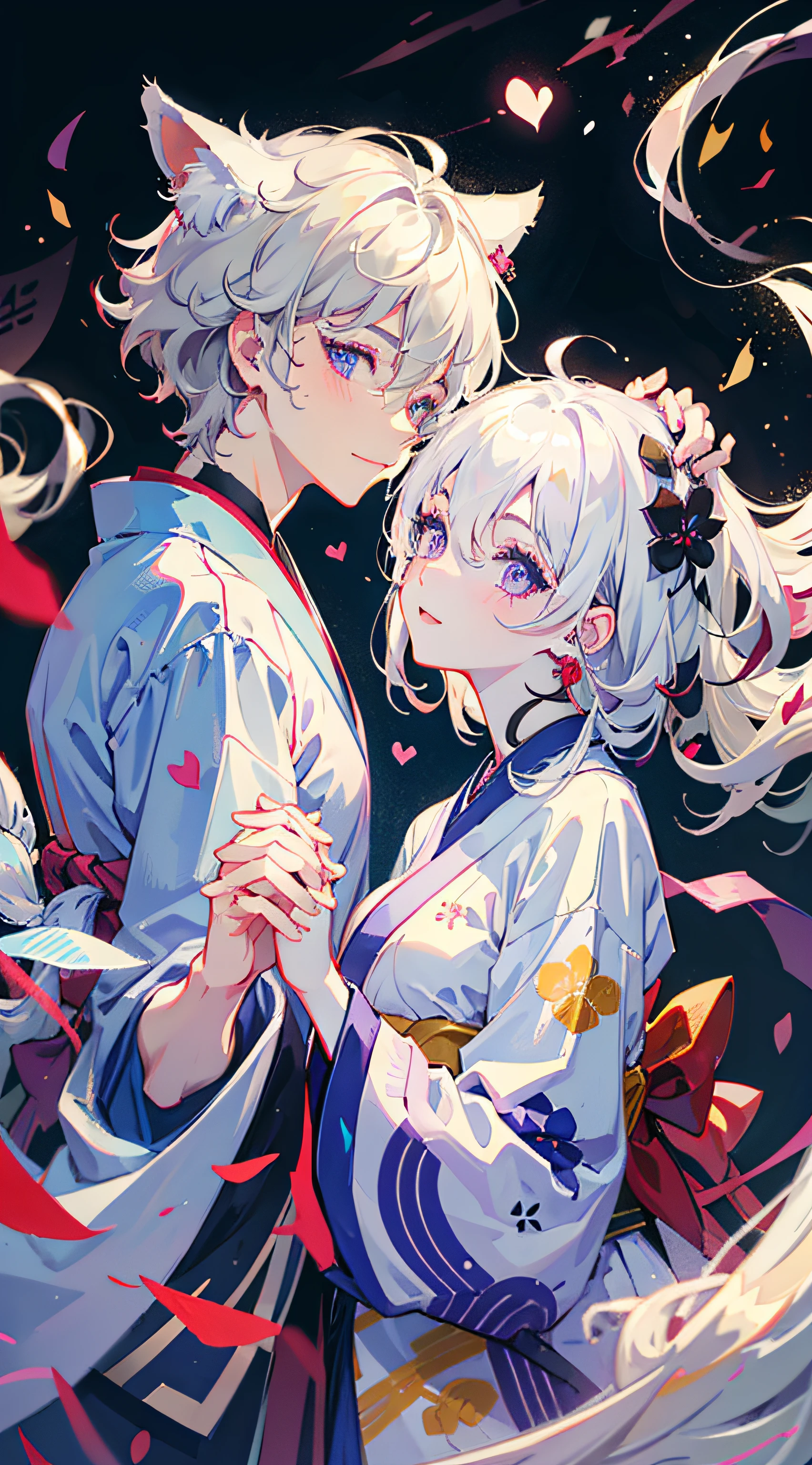 (1boy, 1girl), cat ears, short hair, silver hair, white hair, purple eyes, masterpiece, pov, medium breast, absurdres, messy hair, cute smile, winking, blushing, nice hands, simple background, Japanese clothes, kimono, side-by-side, holding hands, floating heart, heart earrings, white hair, full-face blush, looking at another, face-to-face,