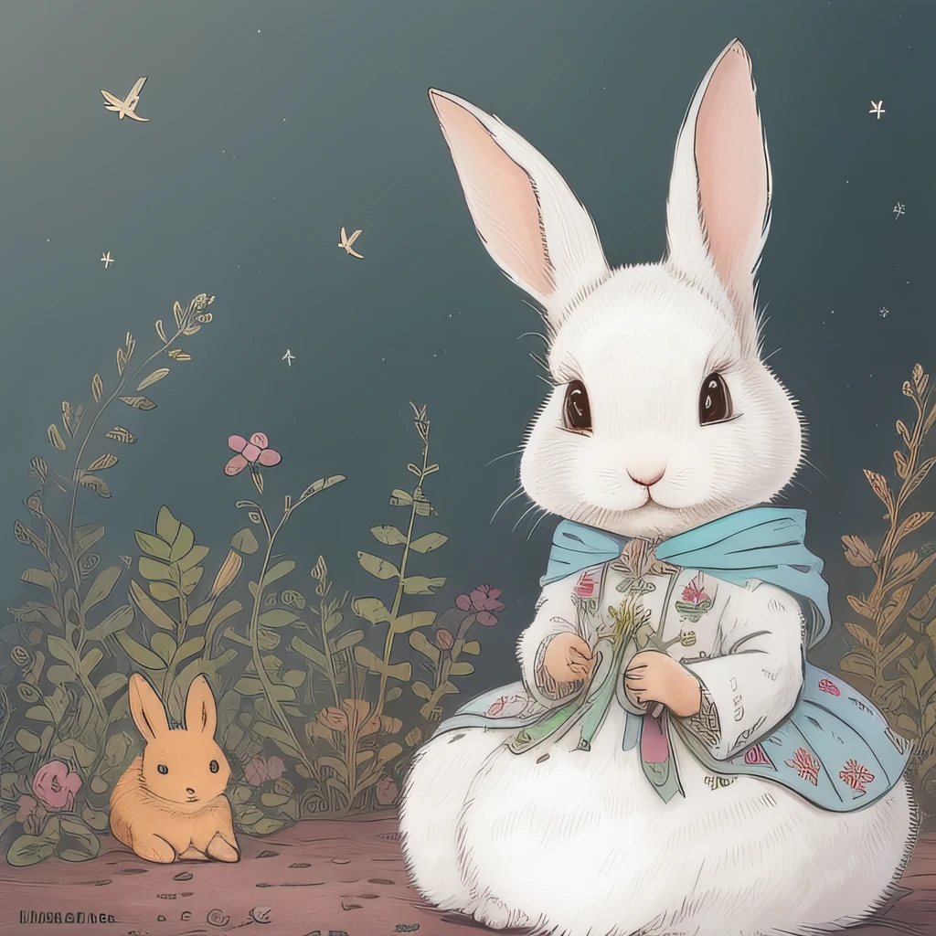 Picture book illustrations for children、Rabbit in a queen's dress、White rabbit、biped、Rabbit personification、3頭身、Setting image、cuddly、Two rabbit ears、color illustration、Configuration Materials、Colorful colors、Deformed rabbit、18世紀フランスの服、