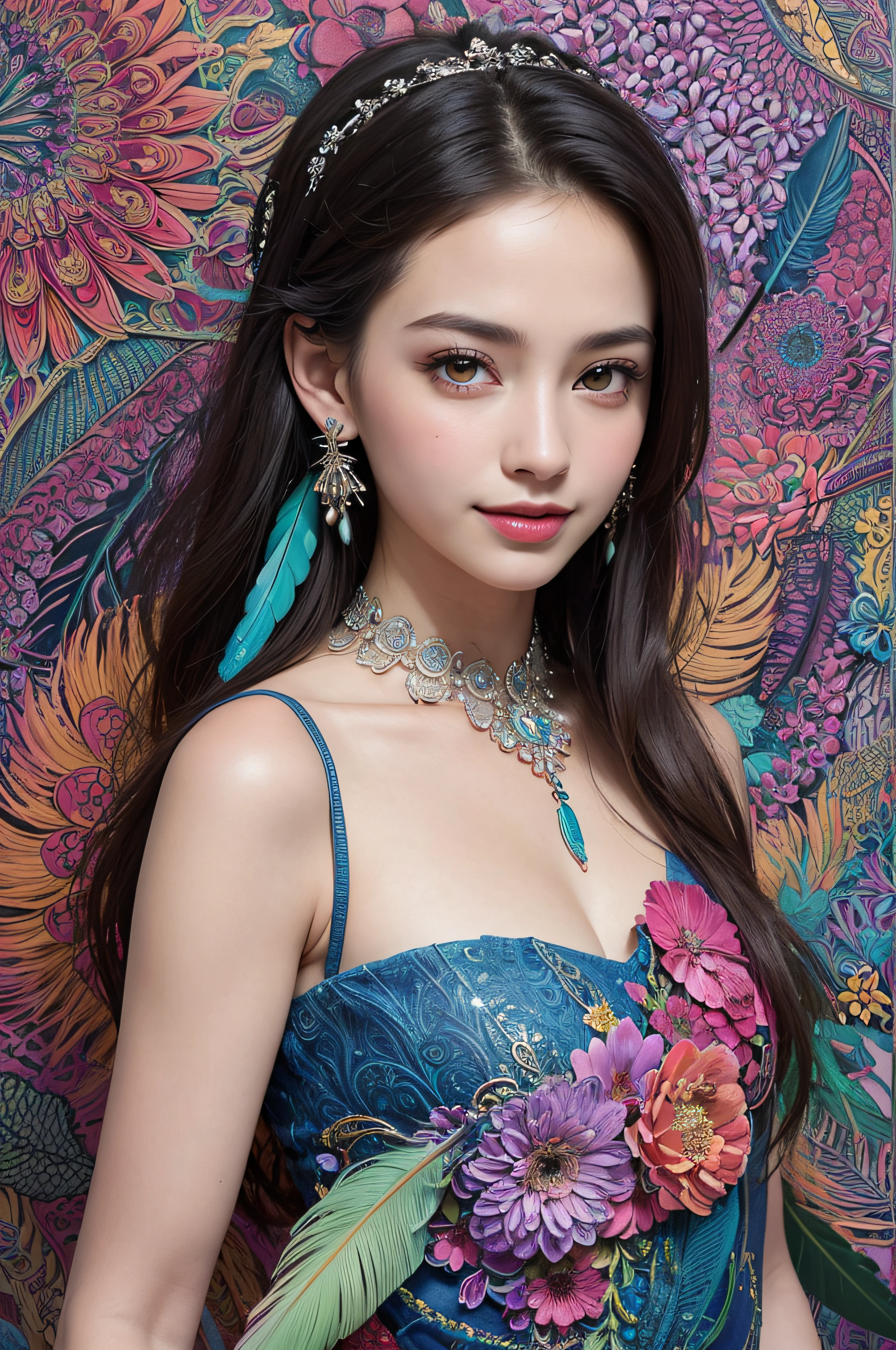 (masterpiece, top quality, best quality, official art, beautiful and aesthetic:1.2), (1girl:1.3), smiling, extremely detailed,(fractal art:1.1),(colorful:1.1)(flowers:1.3),highest detailed,(zentangle:1.2), (abstract background:1.3), (shiny skin), (many colors:1.4), ,(earrings), (feathers:1.5),