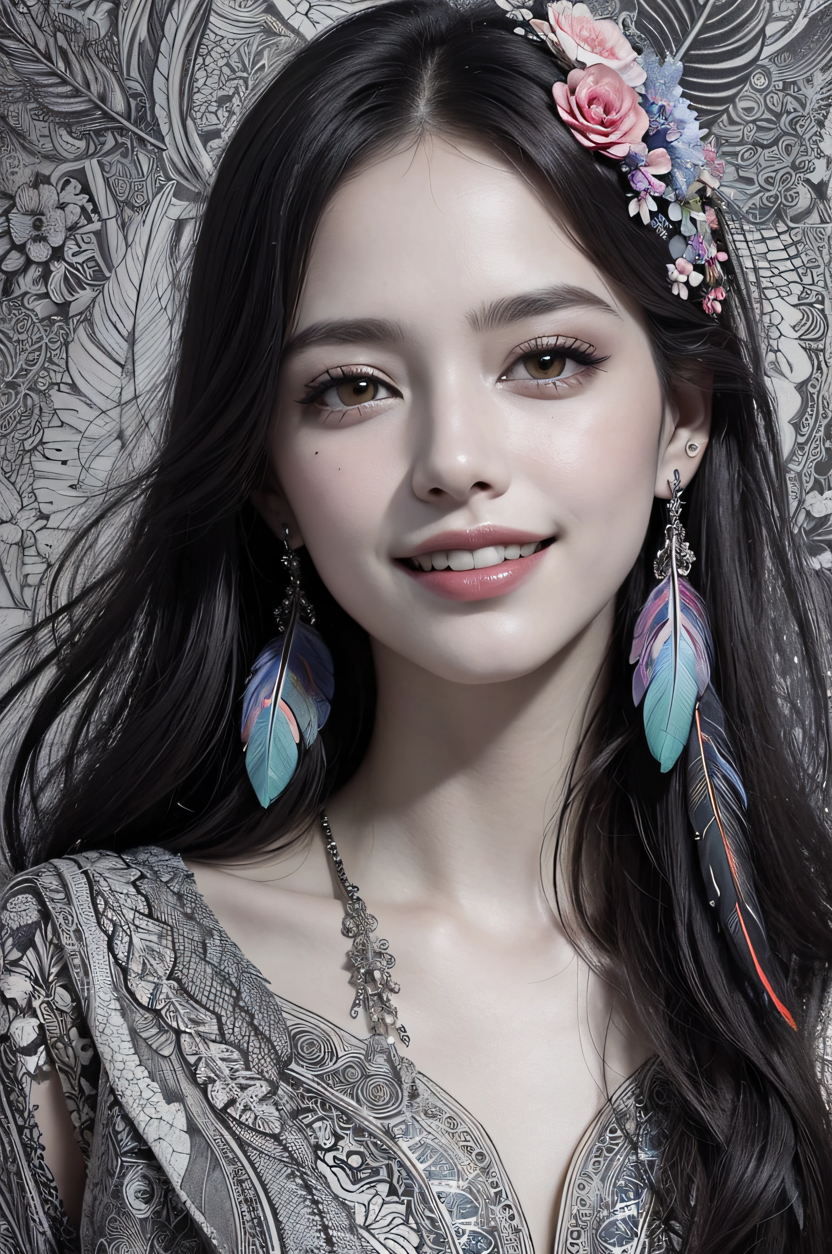 (masterpiece, top quality, best quality, official art, beautiful and aesthetic:1.2), (1girl:1.3), smiling, extremely detailed,(fractal art:1.1),(colorful:1.1)(flowers:1.3),highest detailed,(zentangle:1.2), (abstract background:1.3), (shiny skin), (many colors:1.4), ,(earrings), (feathers:1.5),