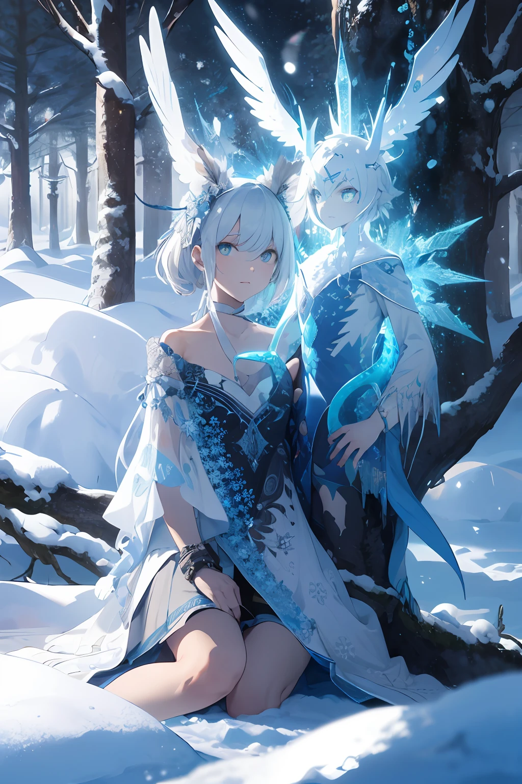 absurds,High res,ultra Detailed,official arts,统一 8k 壁纸,ultra Detailed,Beauty and aesthetics,master masterpiece,best best quality,(zentangle,Ice and snow,Tangles,Entanglement),(s fractal art:1.3),PhotoRealistic,(master masterpiece,top quality,best best quality,official arts,Beauty and aesthetics:1.2),Very Detail,s fractal art,variegated,most details,zentangle,(Abstract Background:1.5)(1boy:1.3),Kamimei,(Glowing blue eyes),Enigmatic,(MAGIC),((Sit on a tree)),Ice and snow