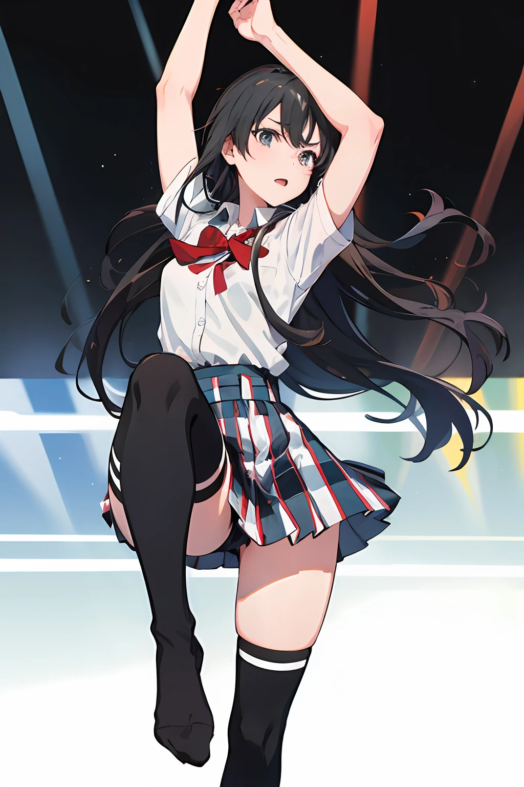 masterpiece, 1girl, solo, yukino yuknoshita, school uniform, white shirt, plaid miniskirt, red bowtie, (black knee high socks:1.5), absolute territory, dancing