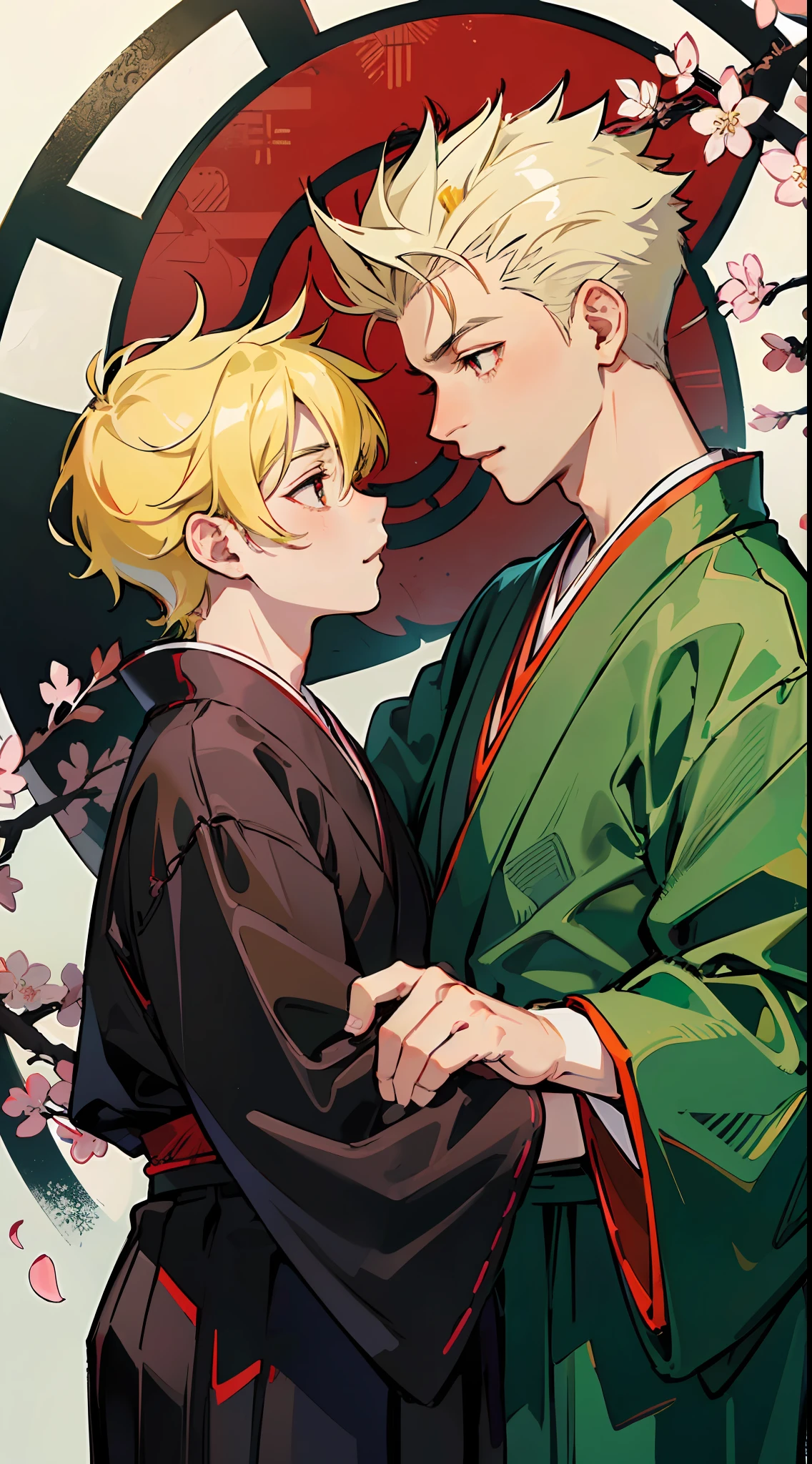 (The Highest Quality:1.4、8k)、(Gay couple facing each other:1.3)、(cool boy、Black hakama with blonde spiked hair and red eyes:1.2)、(Pretty boy、Short green hair and big eyes white:1.2)、Red Face、smilling face、japanese shrine、Cherry Blossoms。