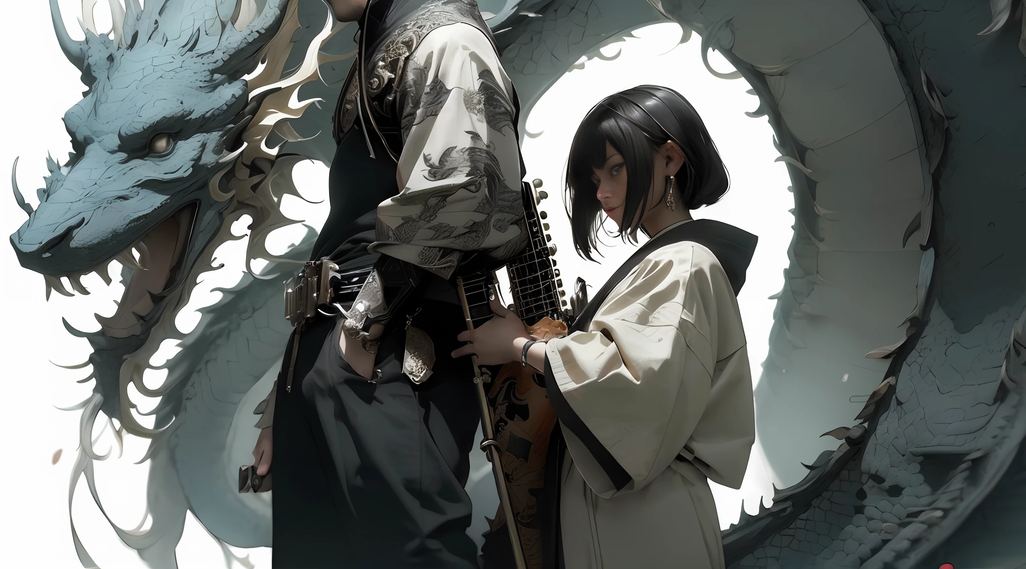 There is a man in costume holding an instrument and a dragon, hyperdetailed fantasy character, edgar maxence and ross tran, artwork in the style of guweiz, 4 k detail fantasy, 2. 5 d cgi anime fantasy artwork, ross tran and wlop, ross tran 8 k, ross tran and bayard wu, 3 d render character art 8 k