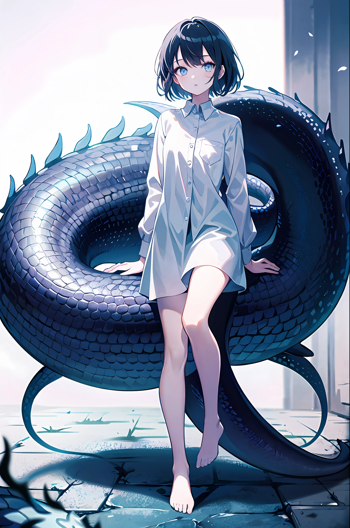 1girl, lamia, scales, white shirt, full body, Original Character, Volumetric Lighting, Best Shadows, Shallow Depth of Field, Stunningly Beautiful Girl, Petite, Delicate Beautiful Attractive Face