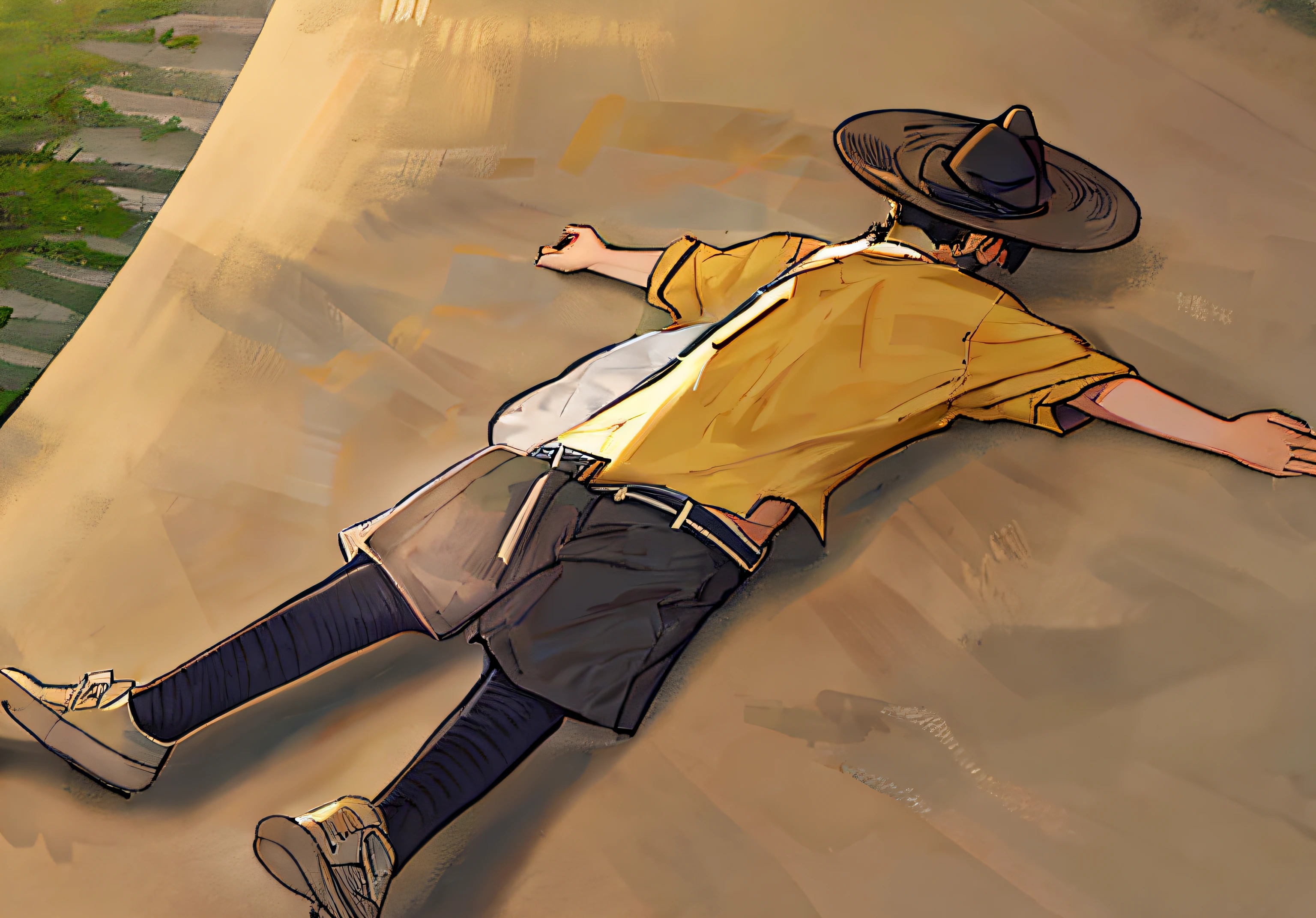 A man wears a shirt and shorts,Sleep on the grass,The face is covered with a straw hat,Spread your hands --auto