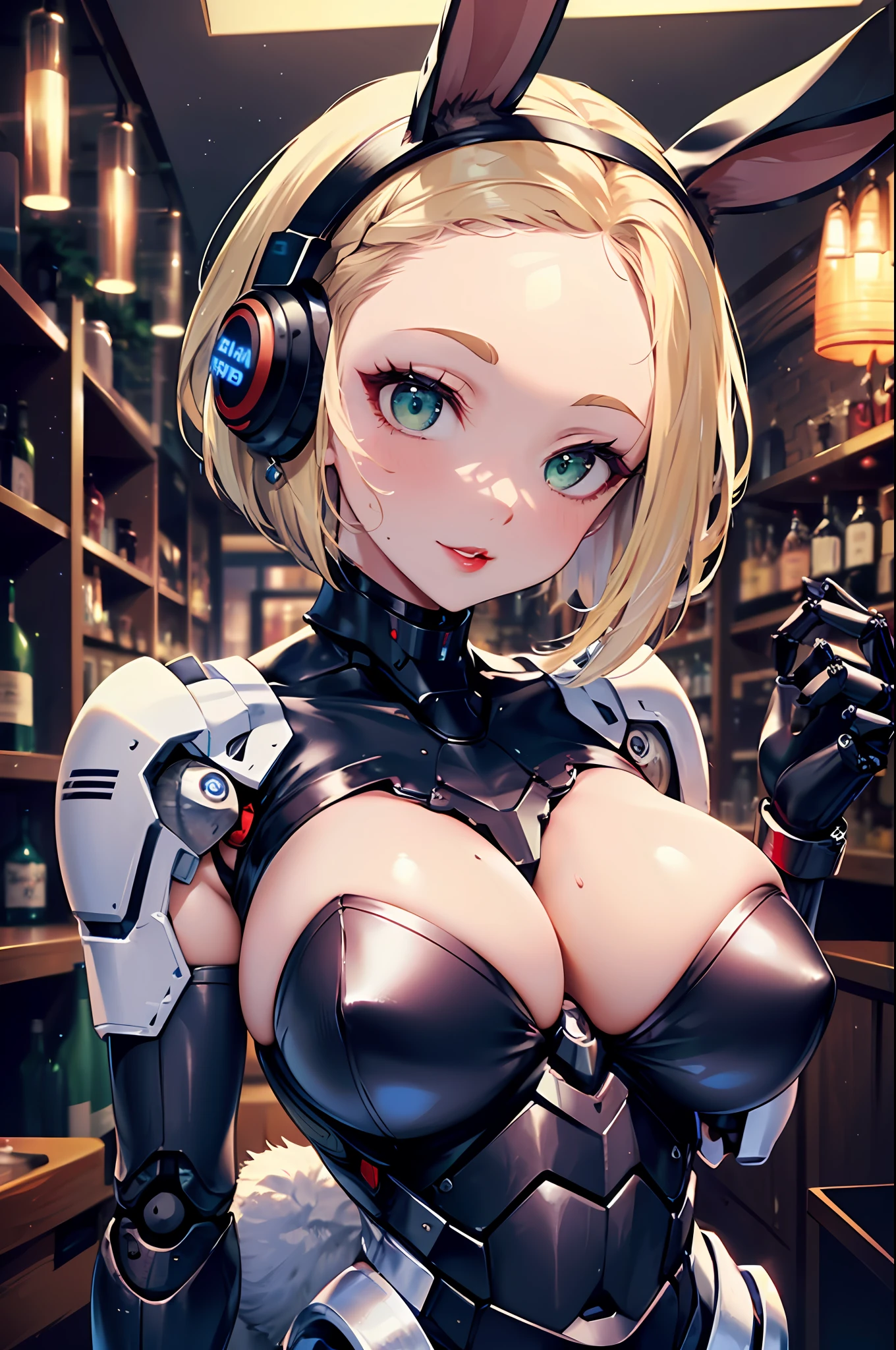 Top quality, masterpiece, fine detail, super detailed, accurate depiction, highly detailed 8k wallpaper, beautiful mechanical woman, solo, green eyes, seductive smile, ( mechanical woman: 1.3), five perfect fingers, (white exoskeleton suit: 1.1), (mechanical joints, echanical arms, mechanical legs: 1.4), (exposed shoulders, exposed armpits, exposed thighs), (long eyelashes, red lips), (thin waist, , wide ), rabbit ears, rabbit tail, headphone, (blonde hair, bob cut), (forehead:1.4), cyberpunk, (bar), counter, wine, whiskey, bourbon,