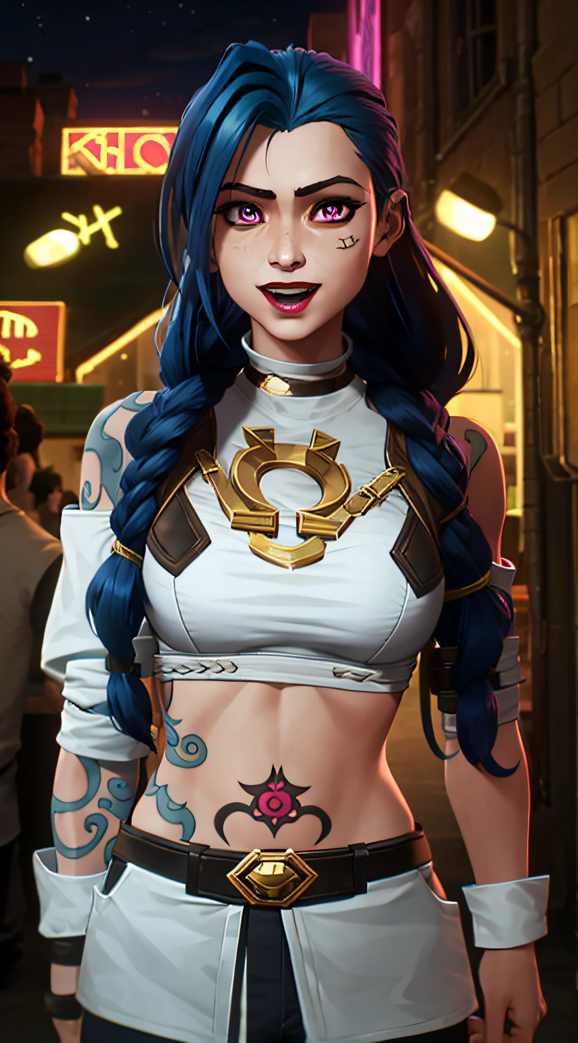 arcane style,

1girl, arm tattoo, asymmetrical bangs, bangs, blue hair, braid, brown shirt, cloud tattoo, looking at viewer, laughing, crazy, uncontrollable laugh, mad look, night, city, green hair, long hair, midriff, pink eyes, red lips, shirt, solo, standing, tattoo, twin braids, upper body, arcane jinx, jinx \(league of legends\)